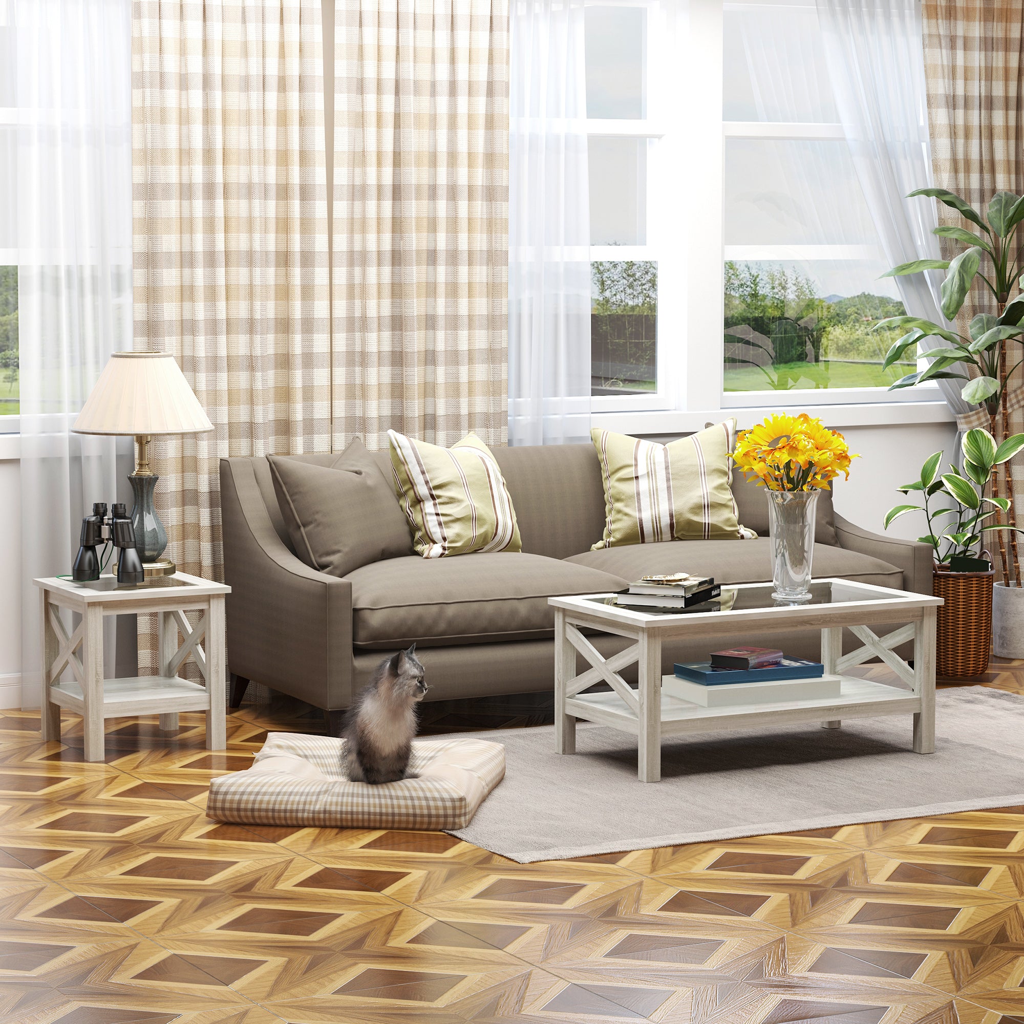 39.25'' L Coffee Table with Tempered Glass Tabletop & Underneath Storage Shelf, White Oak