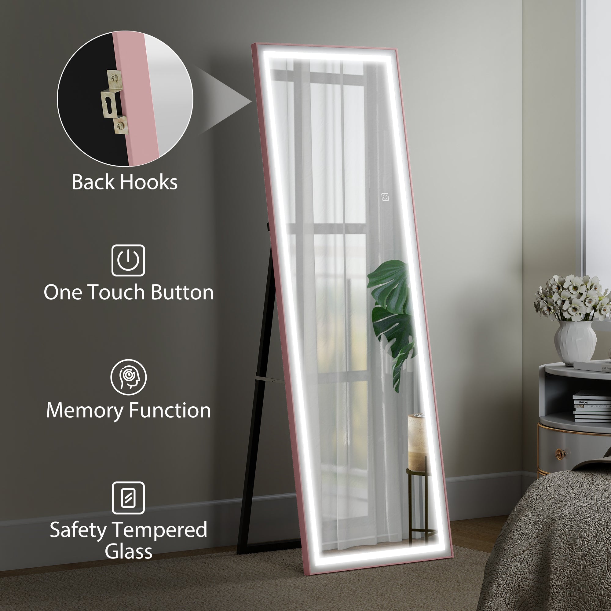 Full Length Mirror with Lights, 64" x 21" LED Full Body Mirror with Dimming and 3 Colour Lighting, Free Standing, Leaning or Wall Mount for Bedroom, Living Room, Pink