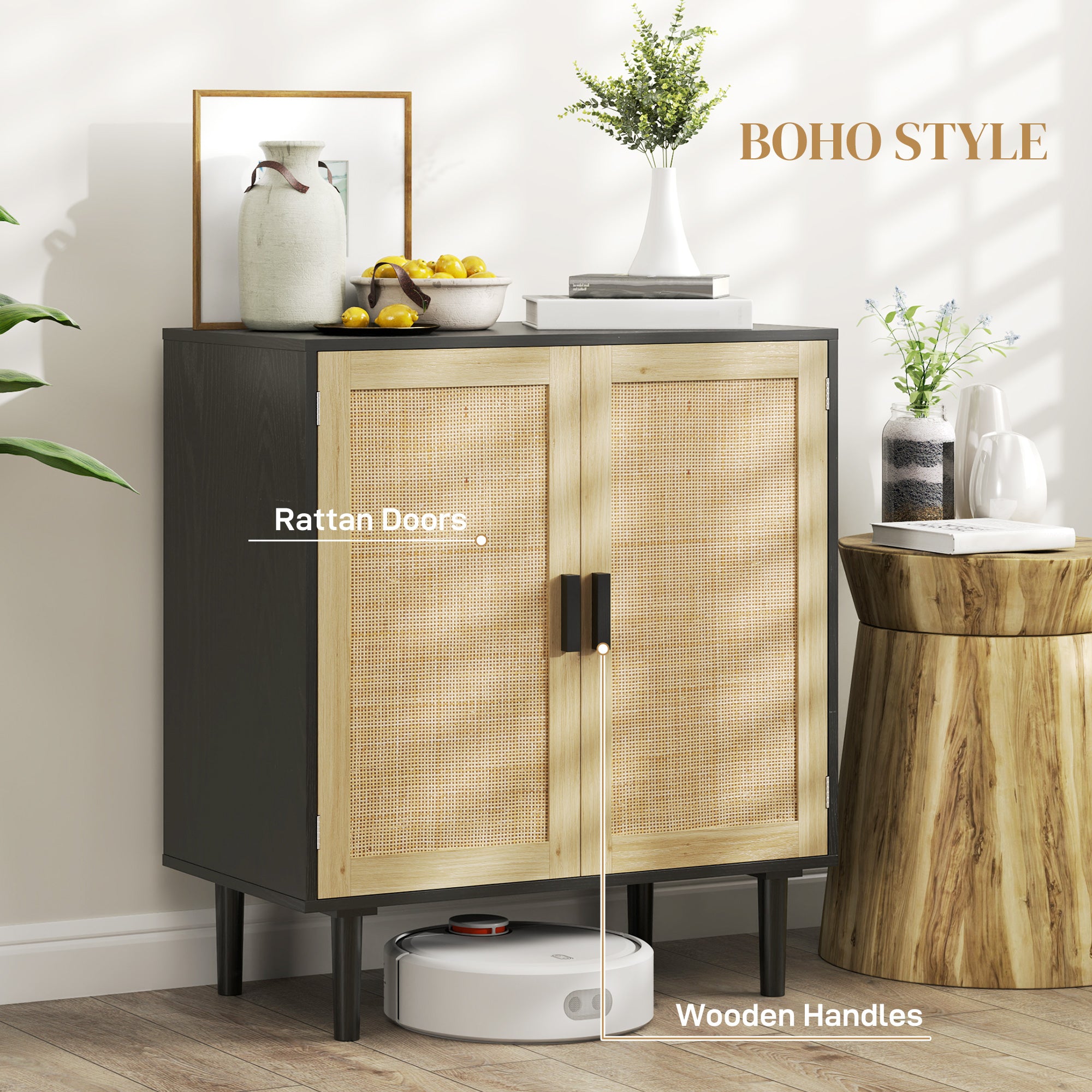 Sideboard Buffet Cabinet, 32" Boho Buffet Table, Rattan Coffee Bar Cabinet with 2 Doors and Shelves for Kitchen, Living Room, Entryway, Black