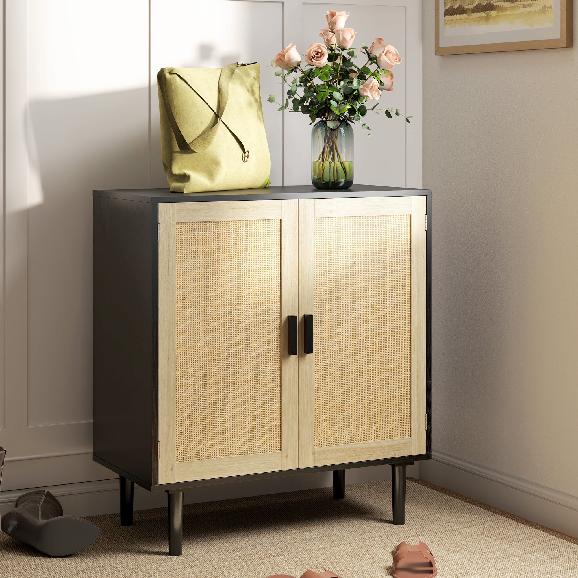 Sideboard Buffet Cabinet, 32" Boho Buffet Table, Rattan Coffee Bar Cabinet with 2 Doors and Shelves for Kitchen, Living Room, Entryway, Black