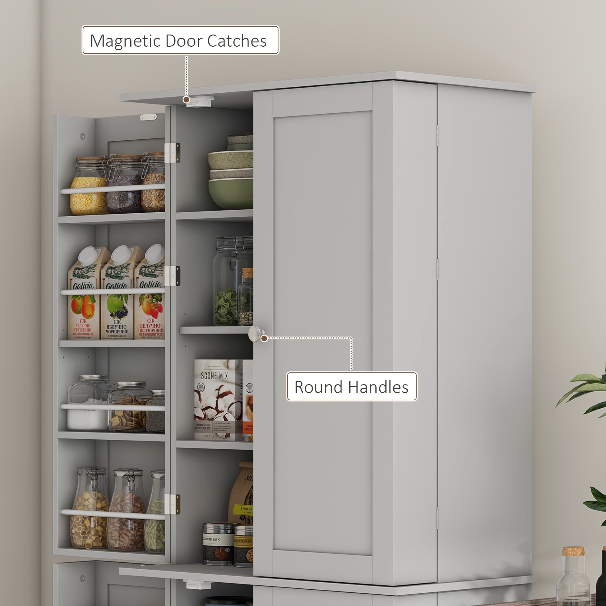 65" Kitchen Pantry Cabinet, Modern Kitchen Pantry with Doors and Shelves, Freestanding Buffet Storage Cabinet with Spice Racks for Dining Room, Grey