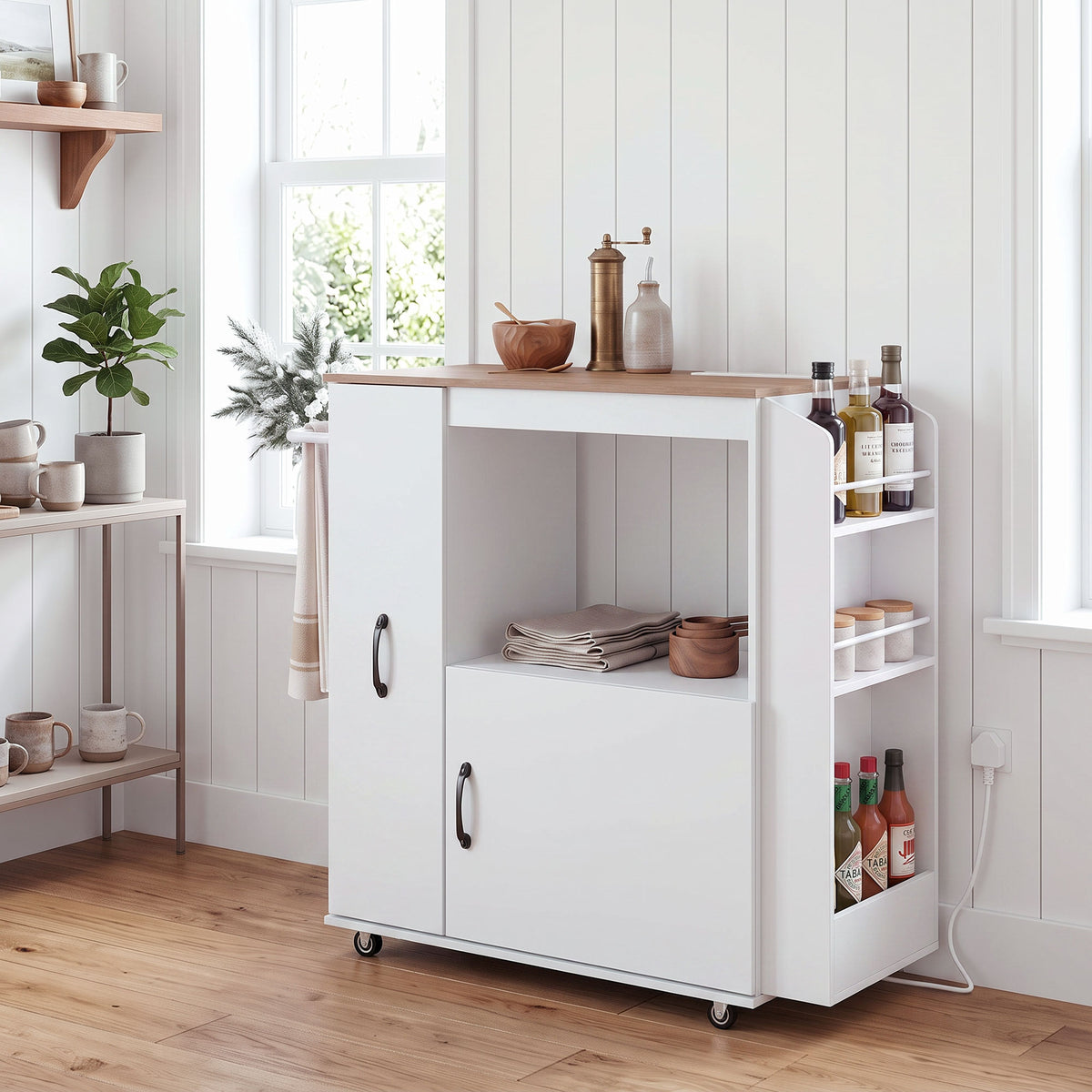 Kitchen Trolley on Wheels, Rolling Kitchen Island Cart with Power Outlet, Cabinet, Pull-Out Drawer and Towel & Spice Rack, Mobile Serving Trolley Cart for Dining Room, Bathroom, White