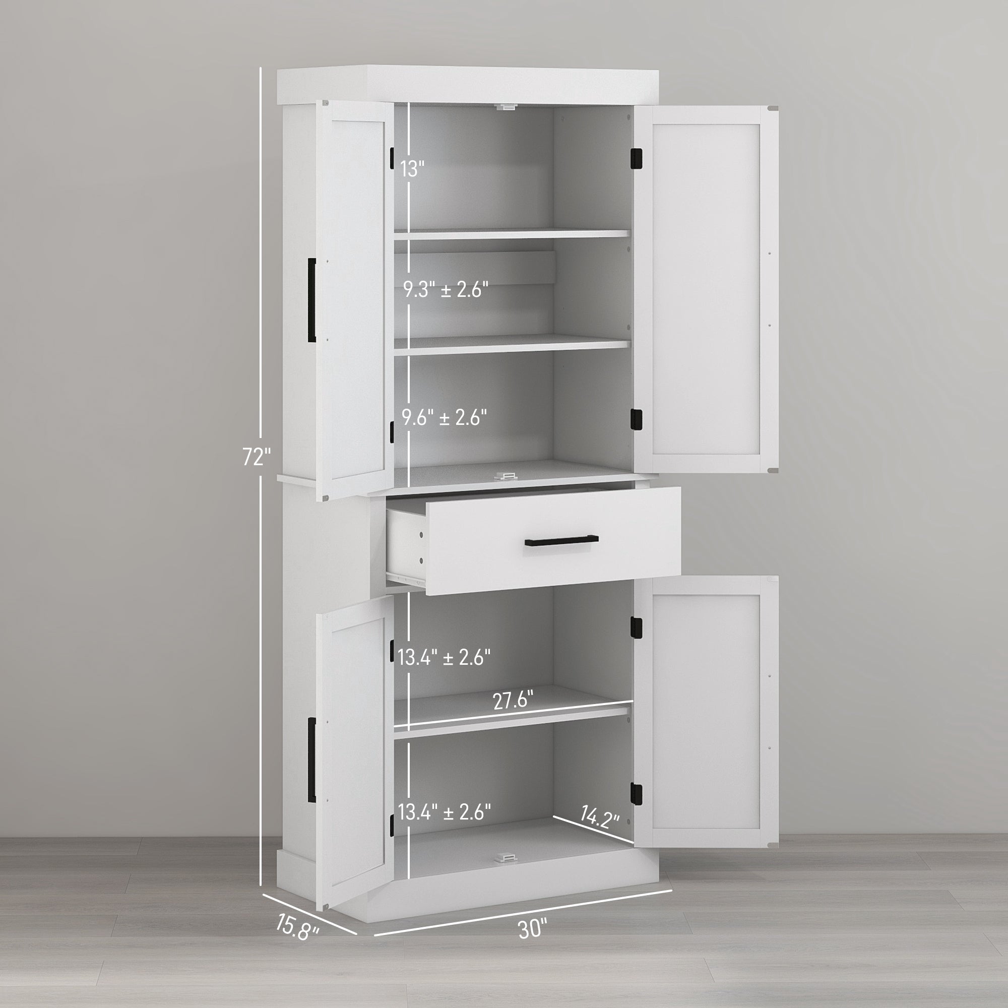 72" Tall Pantry Cabinet with Barn Doors, 5-Tier Shelf & Adjustable Shelves, White