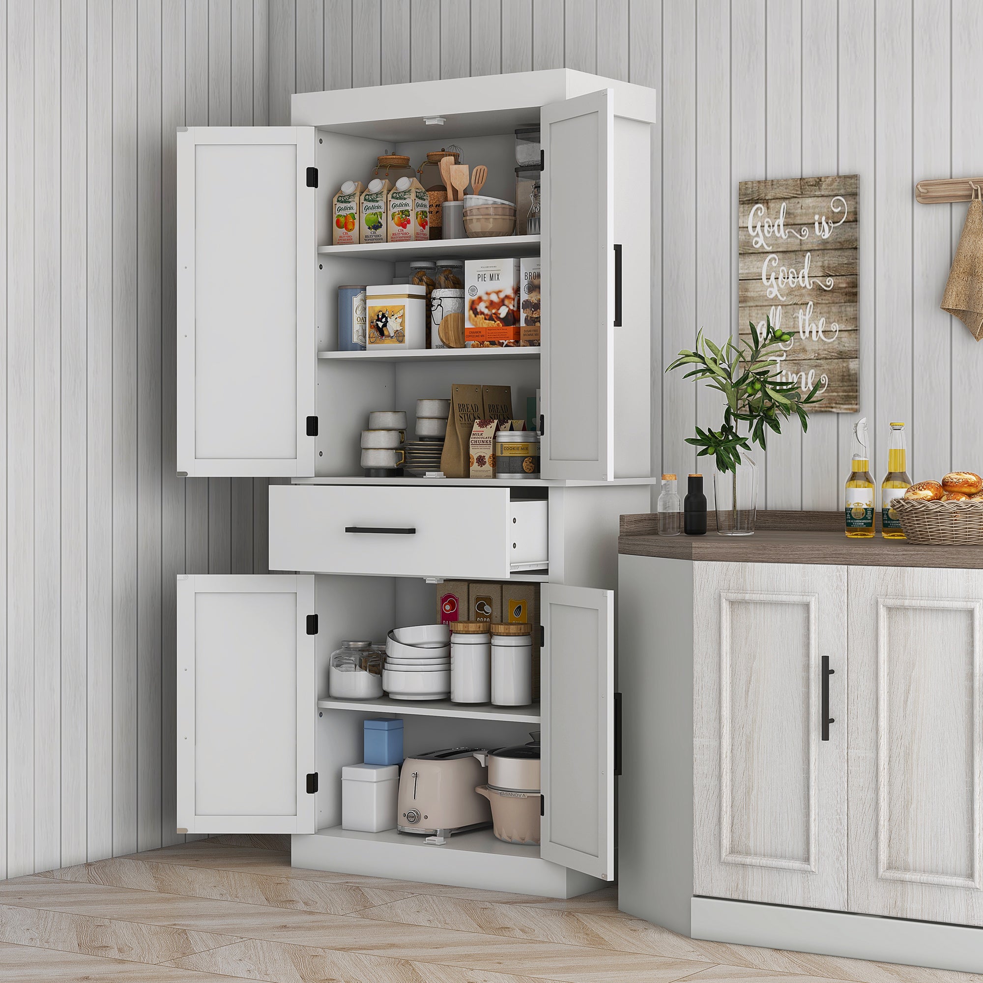 72" Tall Pantry Cabinet with Barn Doors, 5-Tier Shelf & Adjustable Shelves, White