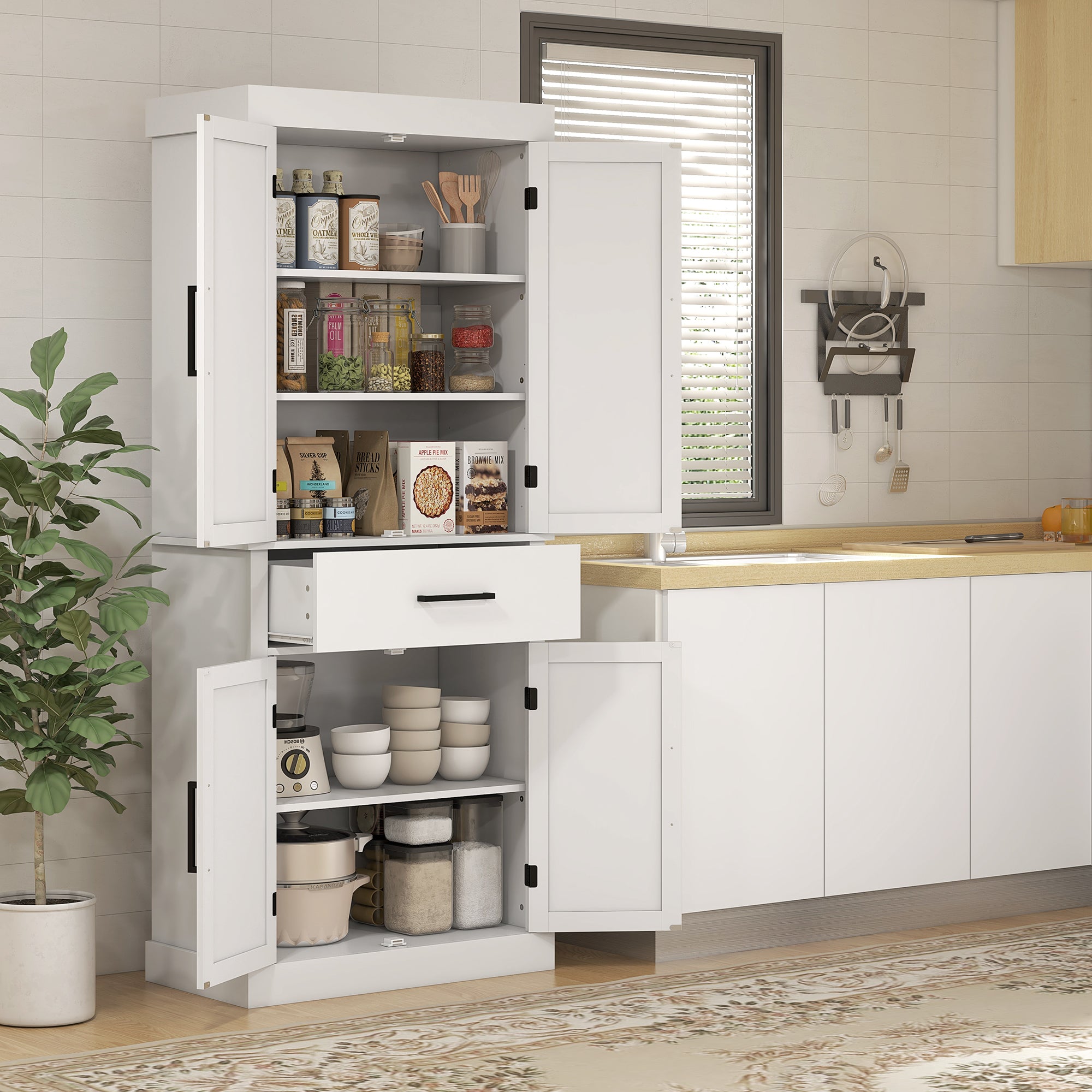 72" Tall Pantry Cabinet with Barn Doors, 5-Tier Shelf & Adjustable Shelves, White