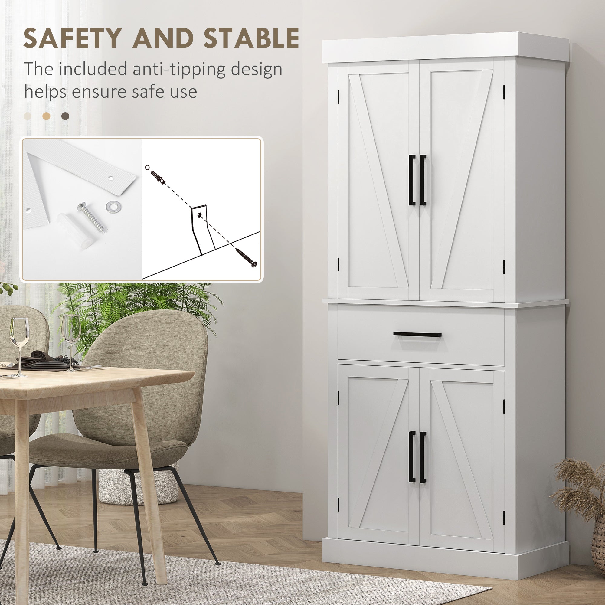 72" Tall Pantry Cabinet with Barn Doors, 5-Tier Shelf & Adjustable Shelves, White