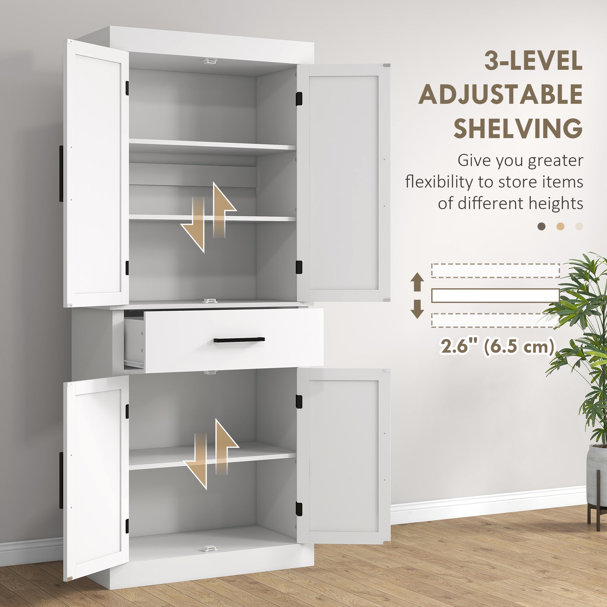 72" Tall Pantry Cabinet with Barn Doors, 5-Tier Shelf & Adjustable Shelves, White