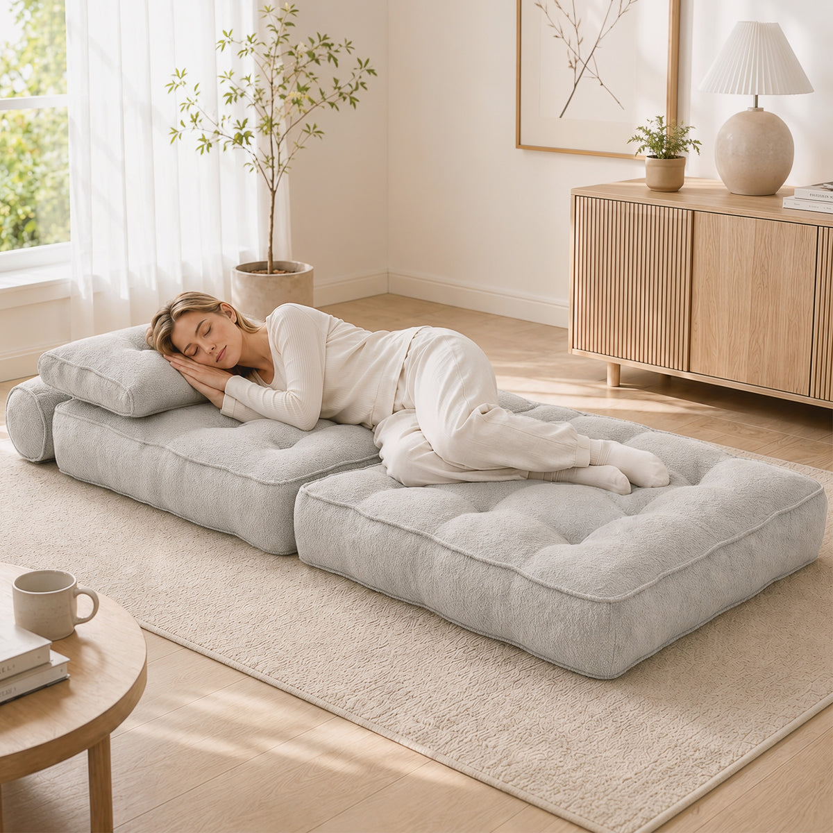 Folding Sofa Bed, Boneless Cloud Linen Sleeper Chair Bed, 3-in-1 Convertible Floor Sofa with Thick Supportive Cushion, Pillows for Living Room, Bedroom, Beige Grey