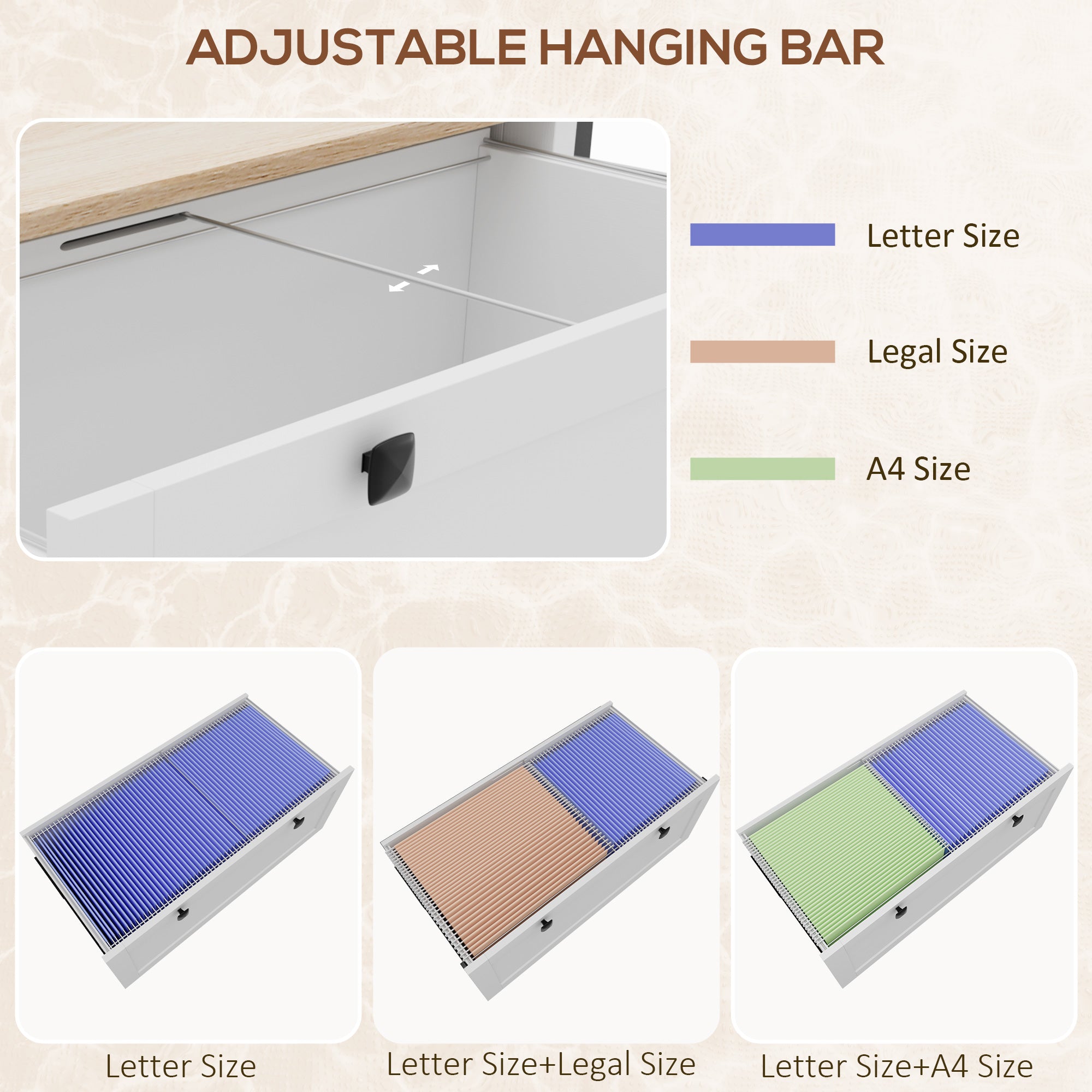 2 Drawer Filing Cabinet with Adjustable Hanging Bar for Letter, A4, White