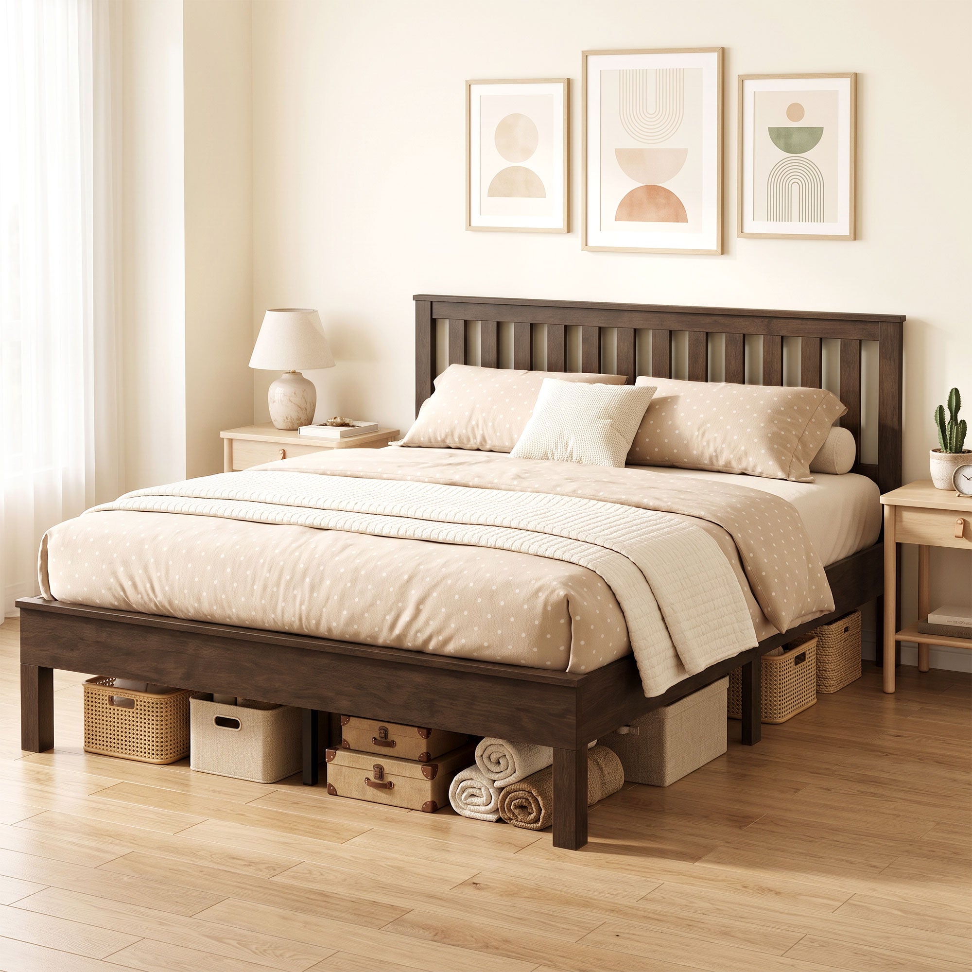 Queen Size Wood Platform Bed Frame with Headboard and Footboard, Mid-Century Bed Frame with Slat Support, Mattress Foundation with Under-Bed Storage, No Box Spring Needed, Easy Assembly, Walnut