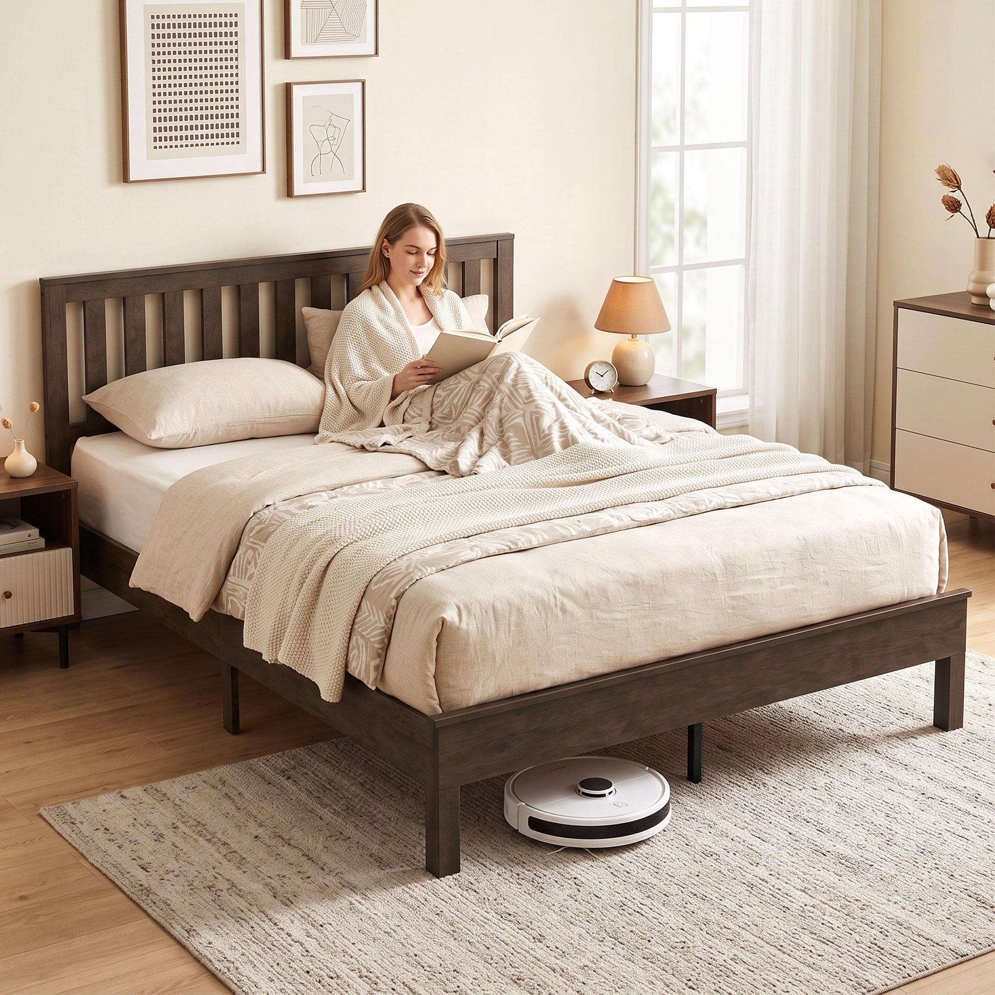 Queen Size Wood Platform Bed Frame with Headboard and Footboard, Mid-Century Bed Frame with Slat Support, Mattress Foundation with Under-Bed Storage, No Box Spring Needed, Easy Assembly, Walnut