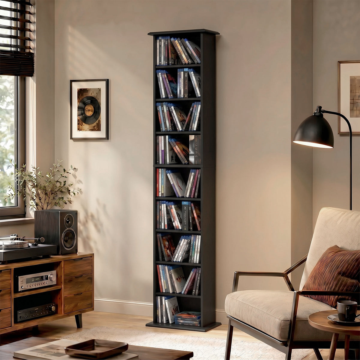 Slim Media Storage Cabinet, 9-Tier DVD Shelf with 7 Adjustable Shelves, 9 Compartments, Holds 252 CDs, 147 DVDs or 189 Blu-rays, Black