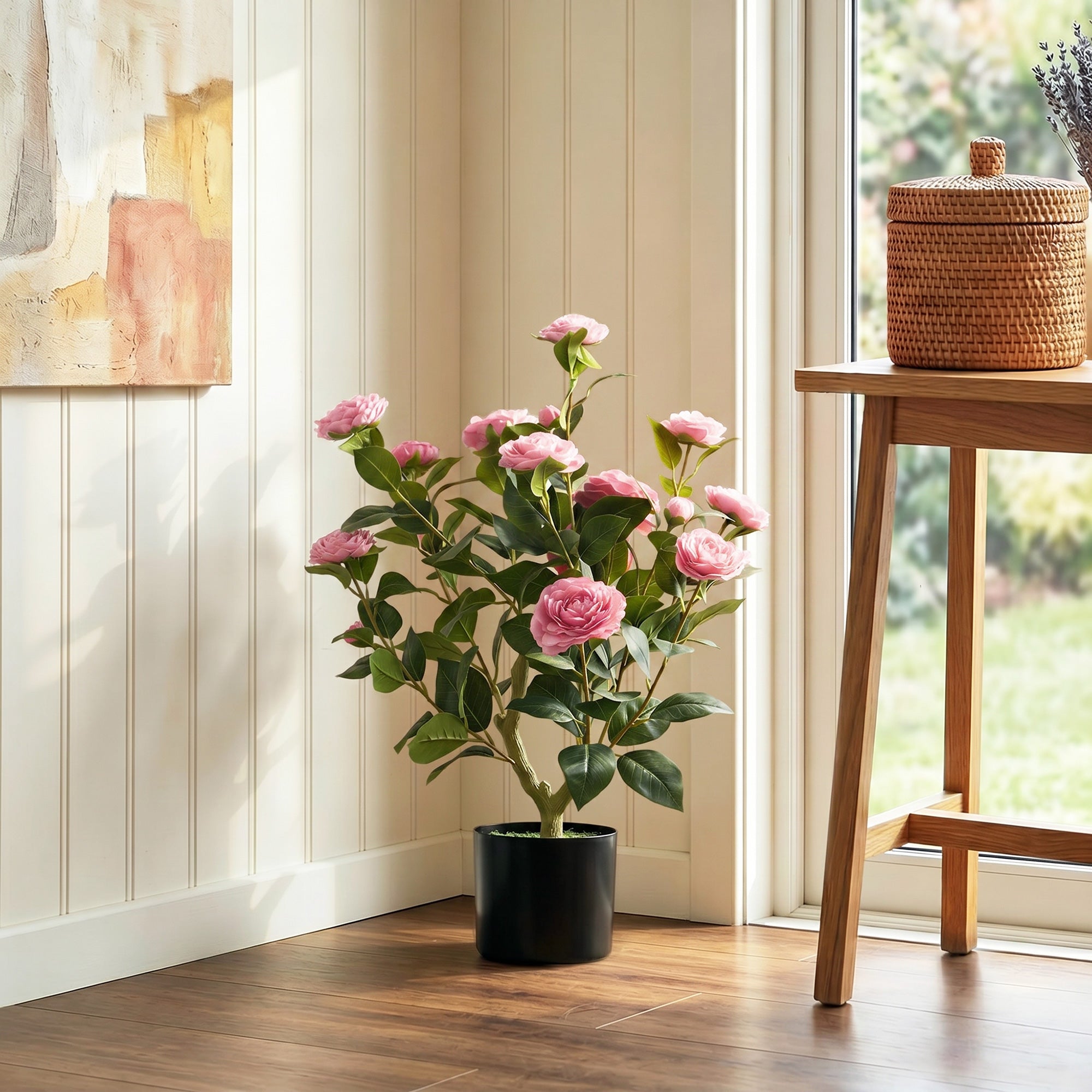 65cm Artificial Camellia Flower Plant in Pot, Realistic Silk Flowers with 116 Lush Leaves & Moss Effect, Faux Tree for Outdoor Indoor Garden Porch Decor, Pink