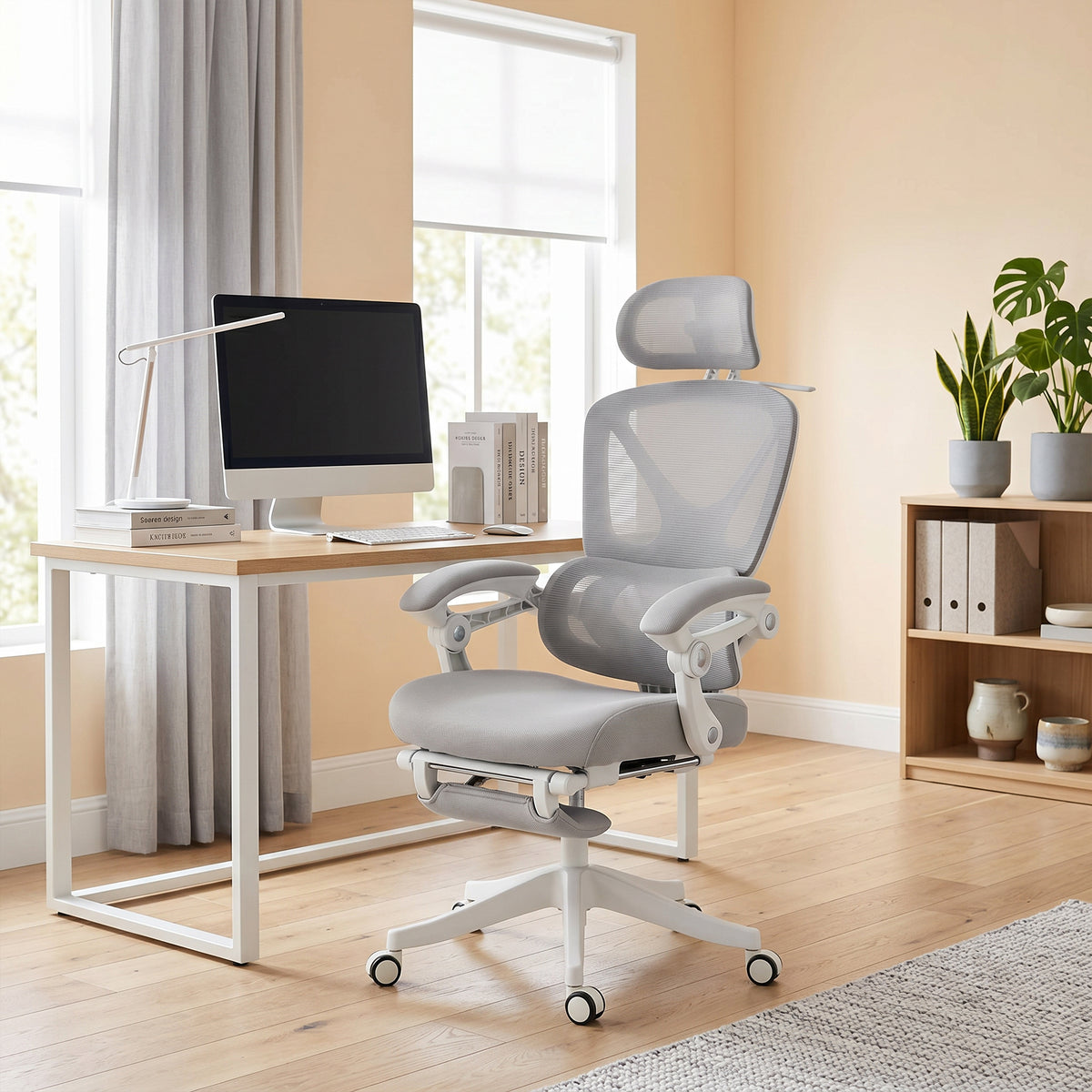 Ergonomic Office Chair, Mesh Computer Desk Chair with Adjustable Headrest and Height, Lumbar Support, High Back, Reclining Function, Footrest, Light Grey