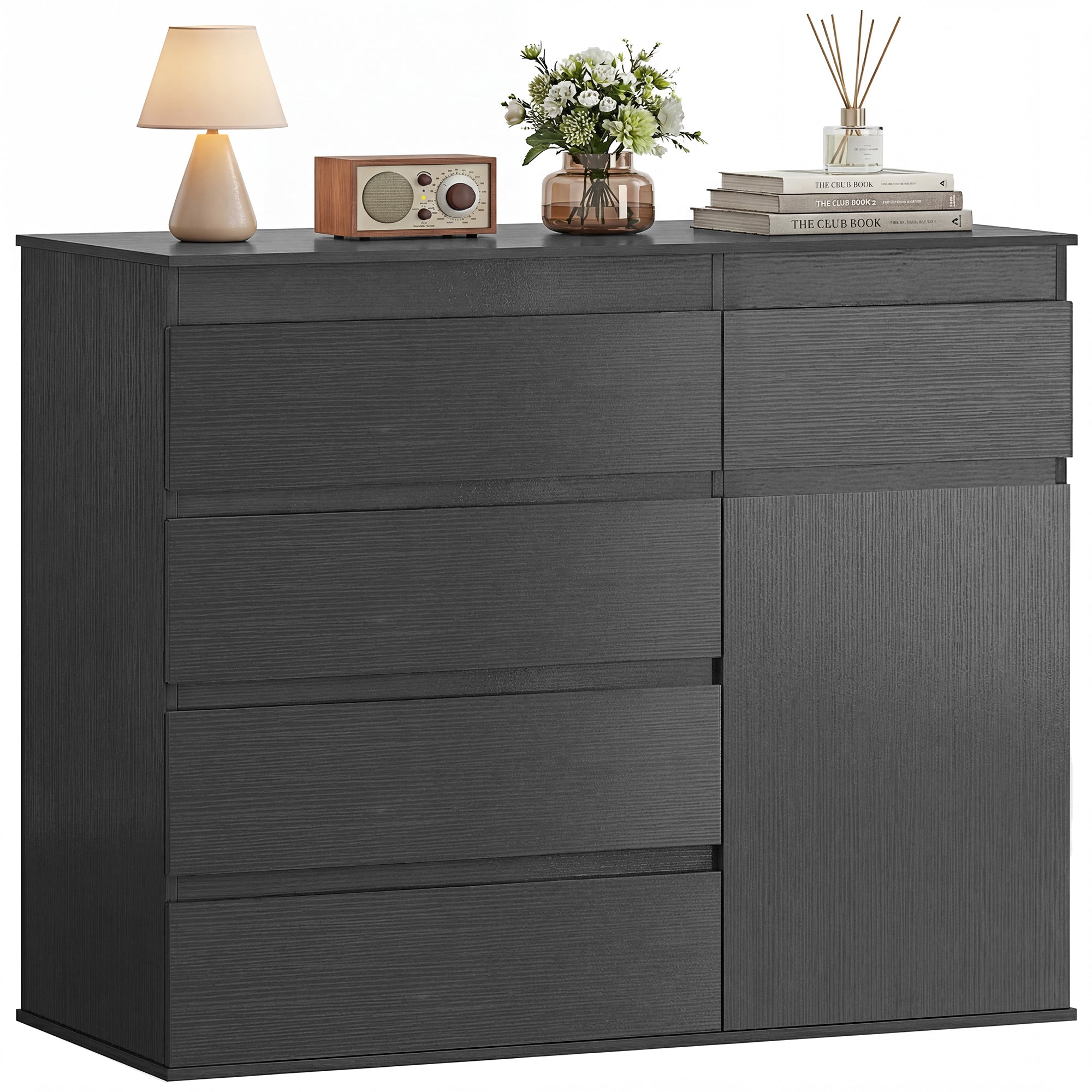 Modern Sideboard, Sideboard Storage Cabinet with 5 Drawers, Adjustable Shelf, Soft-Close Door, Storage Cupboard for Dining Room, Kitchen, Living Room, Black