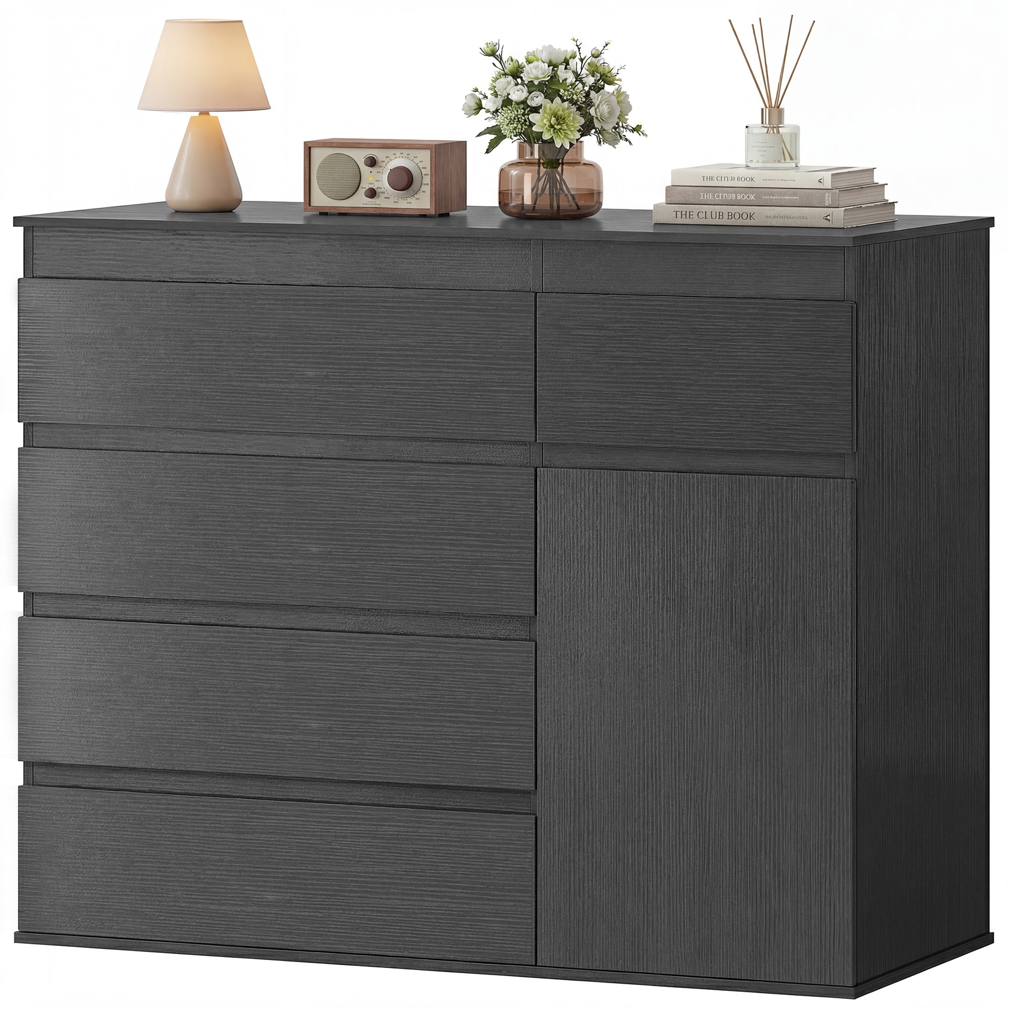 Modern Sideboard, Sideboard Storage Cabinet with 5 Drawers, Adjustable Shelf, Soft-Close Door, Storage Cupboard for Dining Room, Kitchen, Living Room, Black