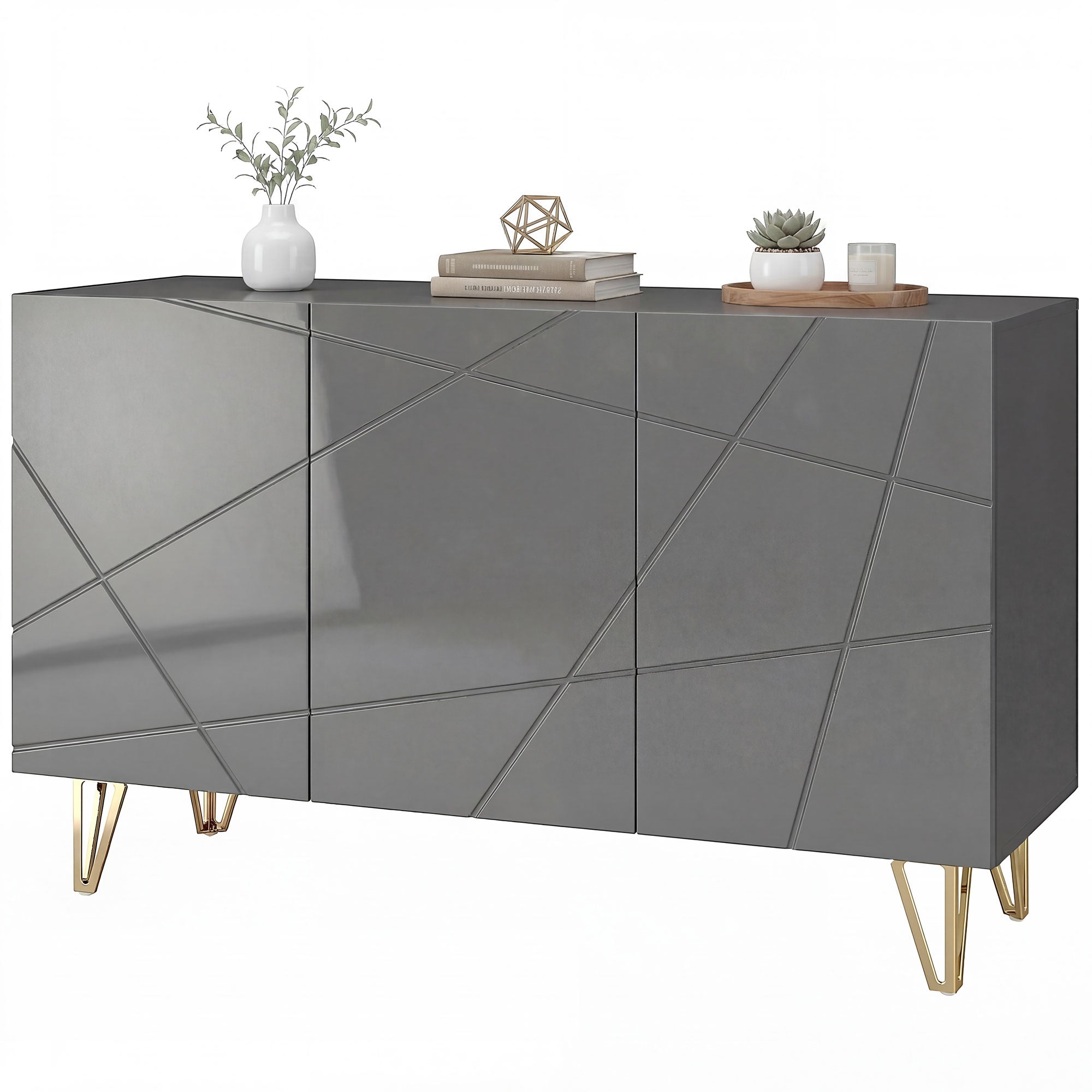 Storage Cabinet with High Gloss, Freestanding Sideboard with Adjustable Shelves, Soft-Close Doors and Gold Tone Hairpin Legs for Living Room, Dining Room, Hallway, Grey