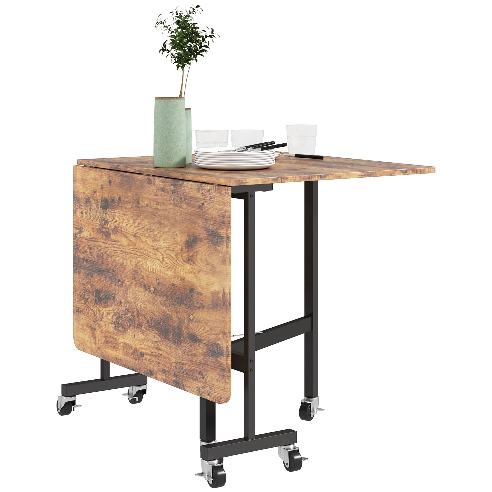 Mobile Drop Leaf Table, Folding Dining Table with 6 Wheels & Brakes, Kitchen Table for Small Spaces, Rustic Brown