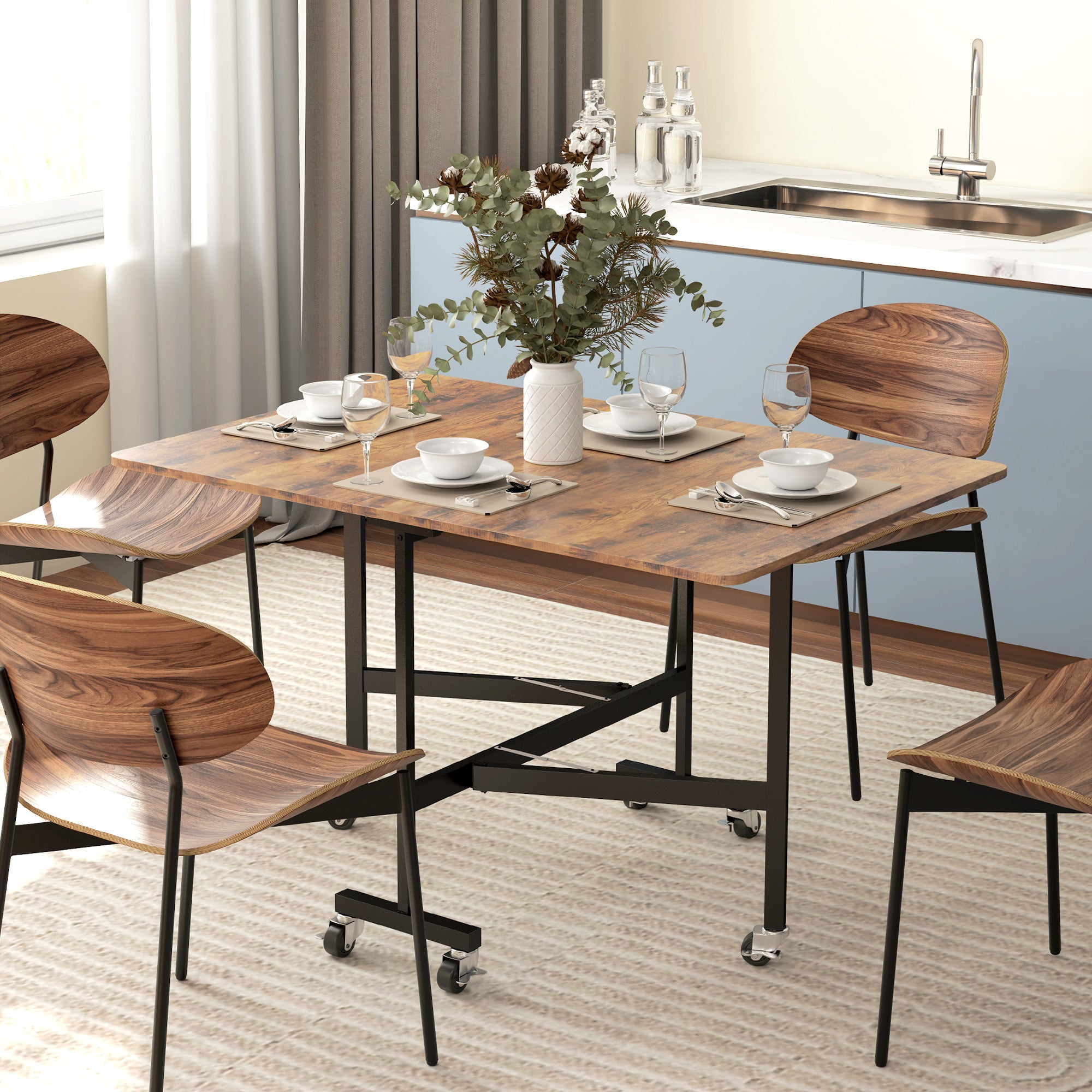 Mobile Drop Leaf Table, Folding Dining Table with 6 Wheels & Brakes, Kitchen Table for Small Spaces, Rustic Brown