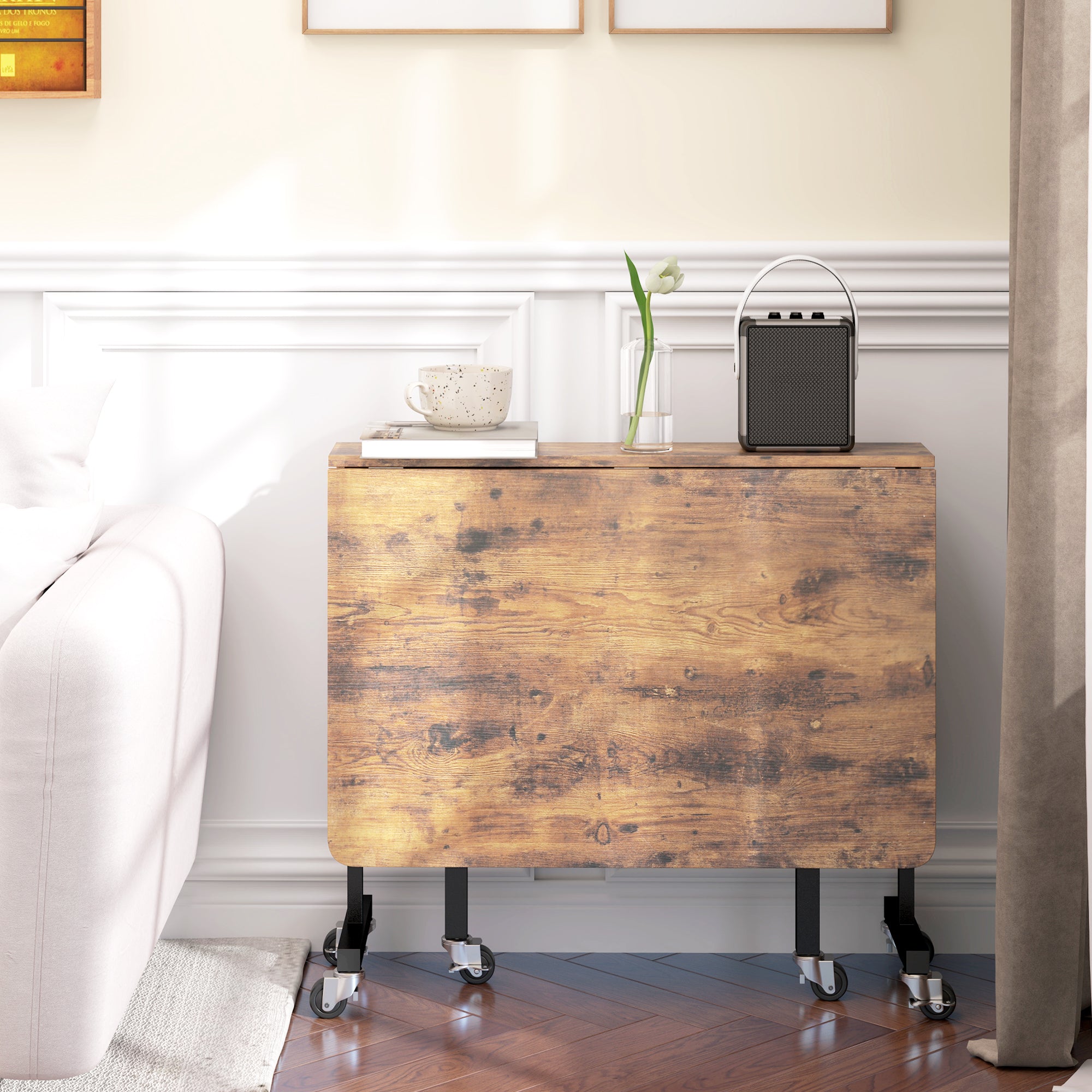 Mobile Drop Leaf Table, Folding Dining Table with 6 Wheels & Brakes, Kitchen Table for Small Spaces, Rustic Brown