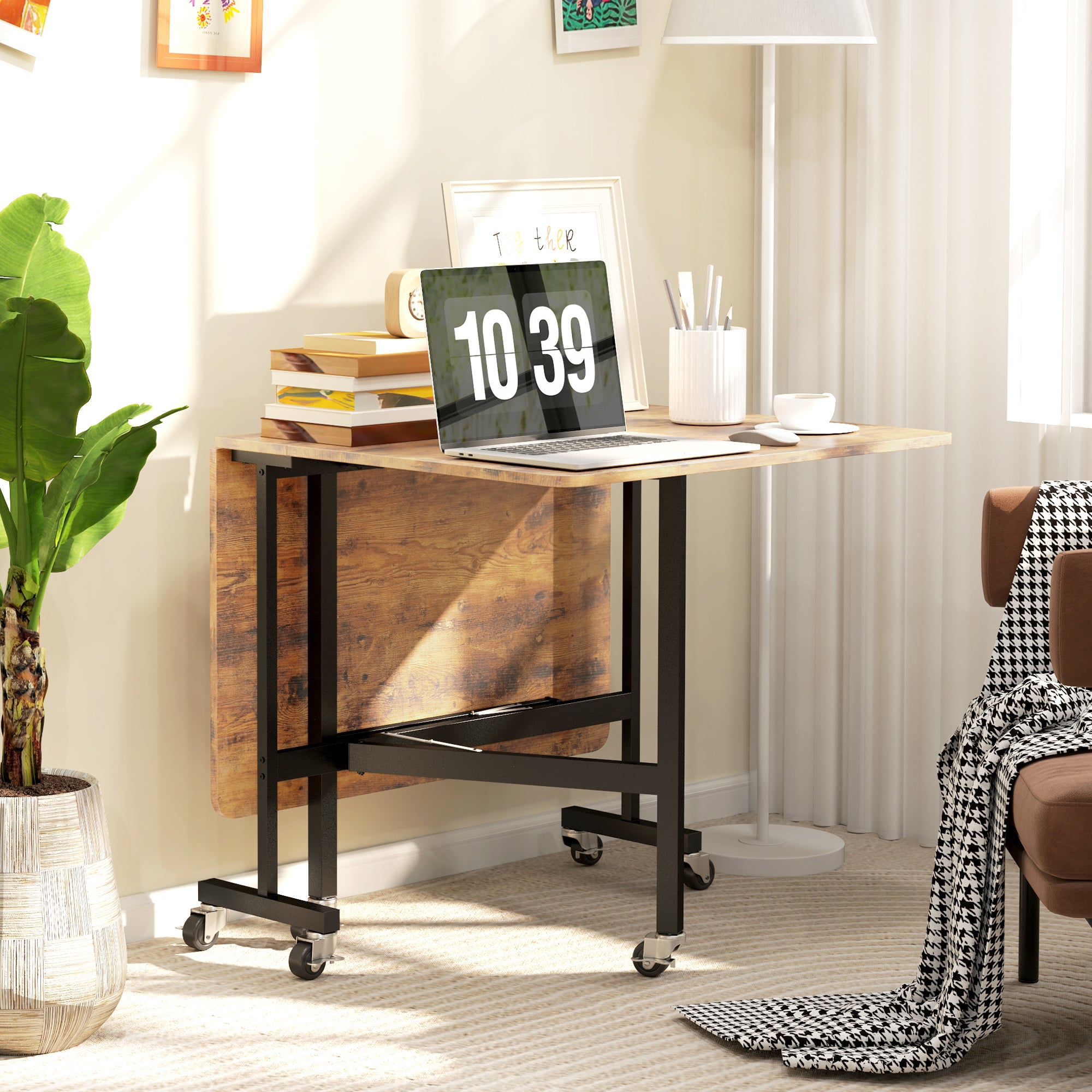 Mobile Drop Leaf Table, Folding Dining Table with 6 Wheels & Brakes, Kitchen Table for Small Spaces, Rustic Brown
