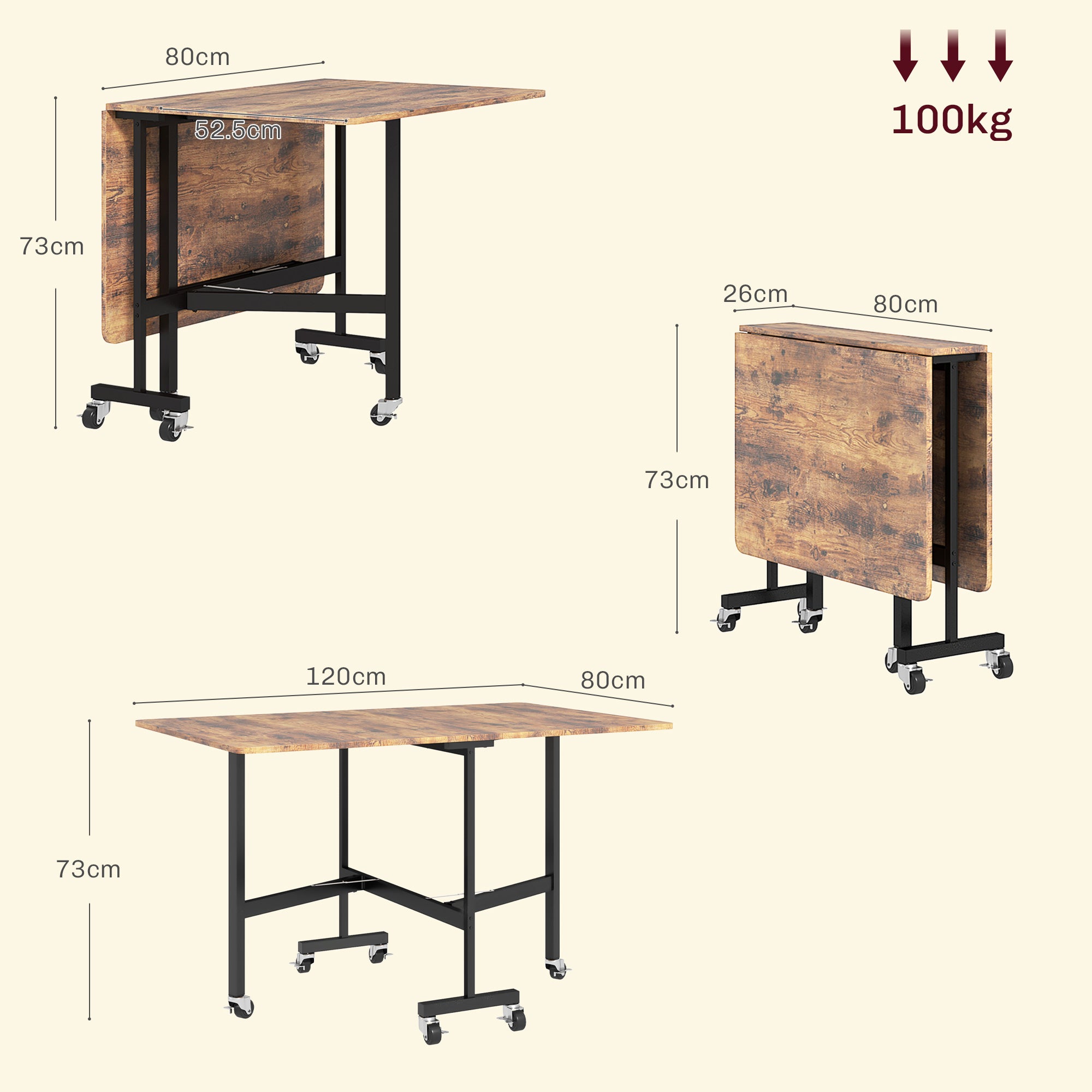 Mobile Drop Leaf Table, Folding Dining Table with 6 Wheels & Brakes, Kitchen Table for Small Spaces, Rustic Brown