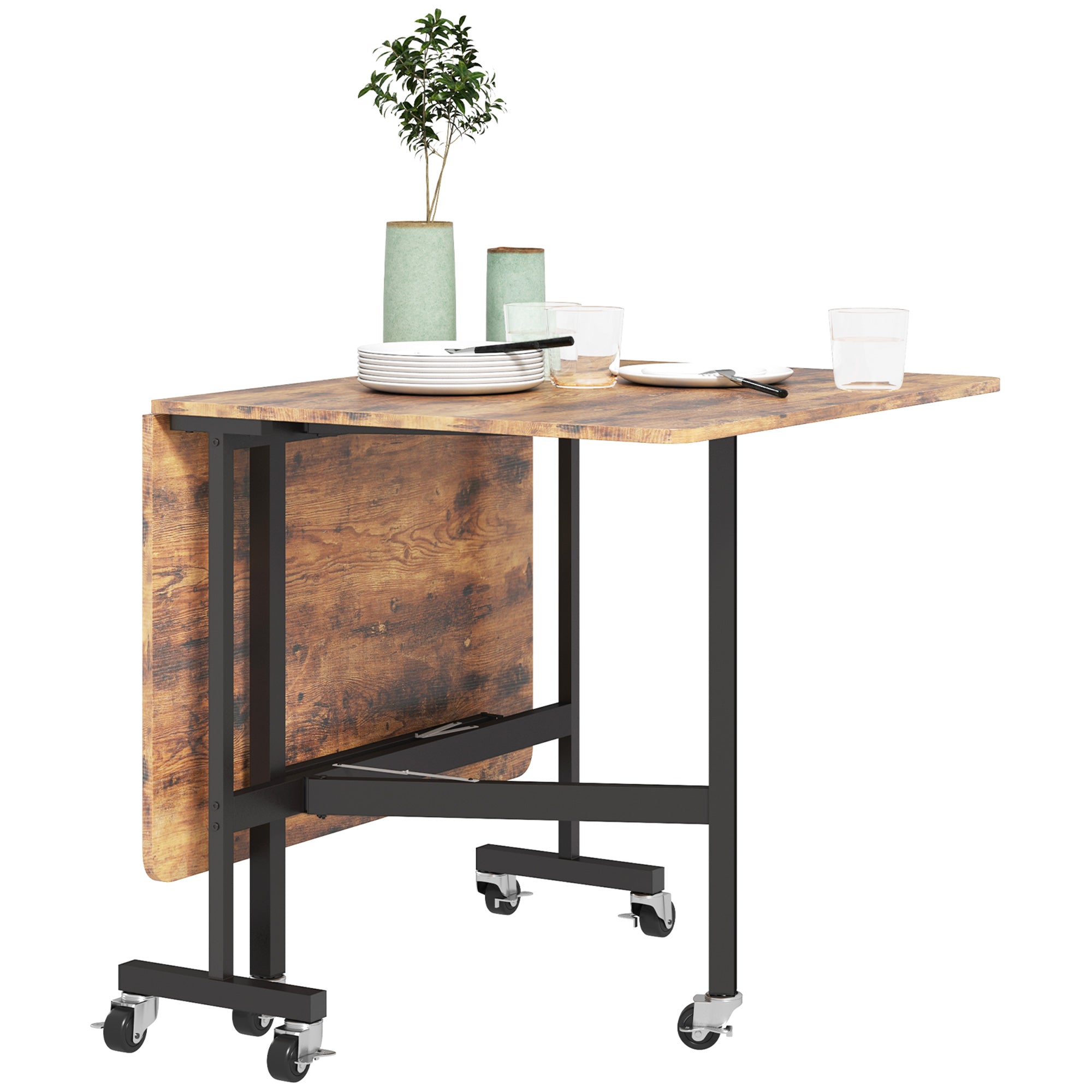 Mobile Drop Leaf Table, Folding Dining Table with 6 Wheels & Brakes, Kitchen Table for Small Spaces, Rustic Brown