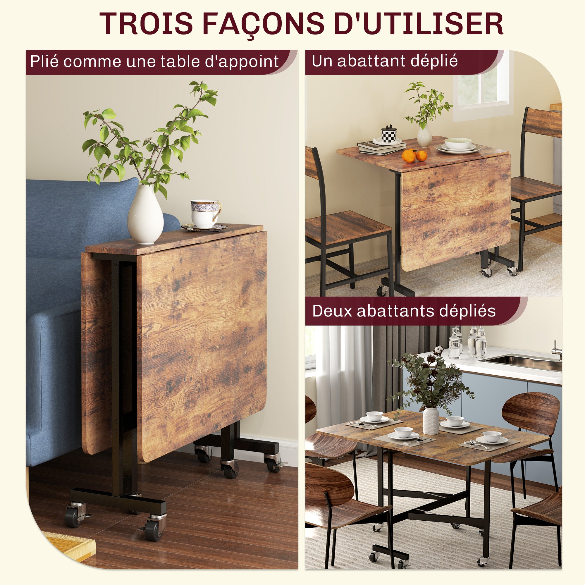 Mobile Drop Leaf Table, Folding Dining Table with 6 Wheels & Brakes, Kitchen Table for Small Spaces, Rustic Brown