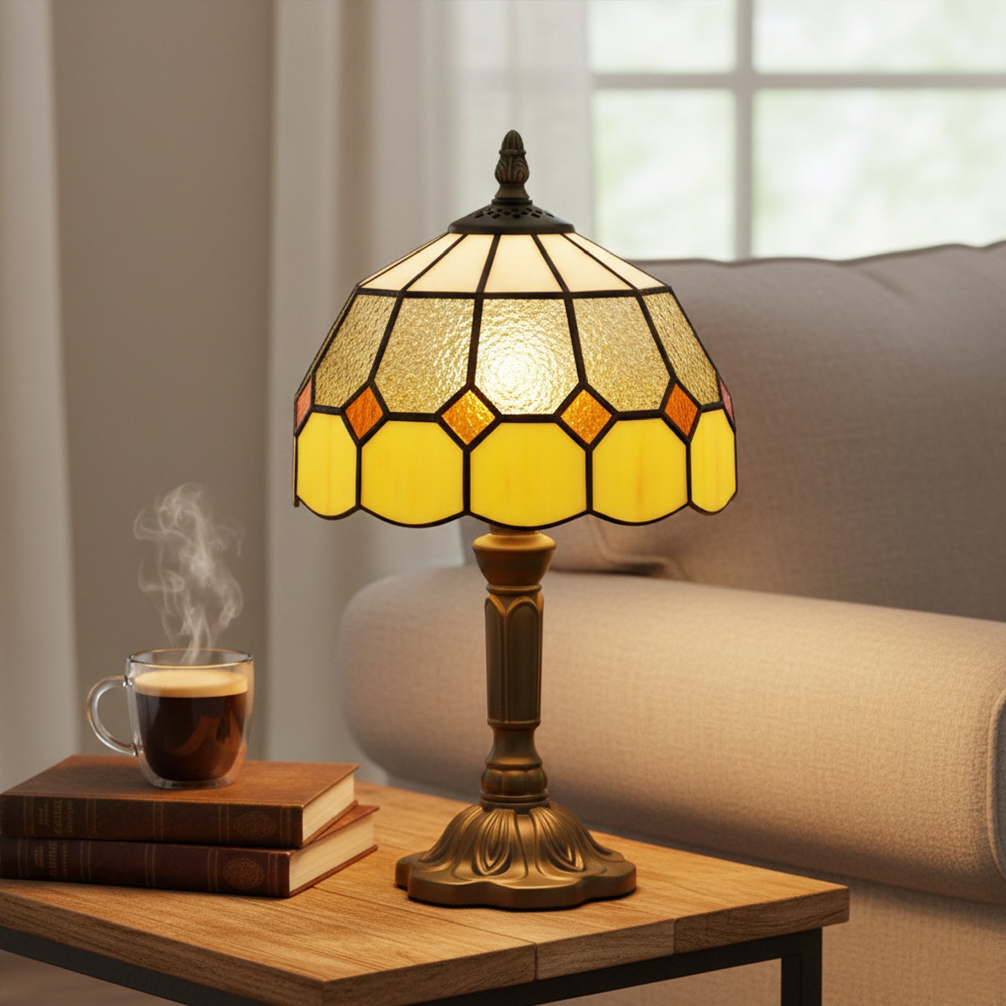 Handmade Stained Glass Table Lamp, Tiffany-Style Bedside Lamp for Bedroom, Living room, Home, Nightstand, Decorative Night Light, Orange