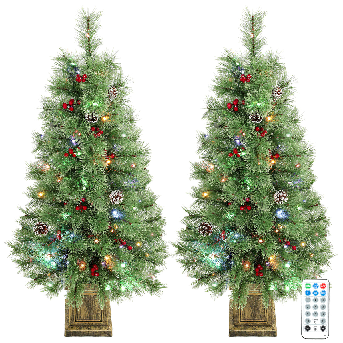 HOMCOM 4ft Pre-Lit Artificial Christmas Tree Set of 2, Xmas Pine Trees, Dual Colors, Remote, Green