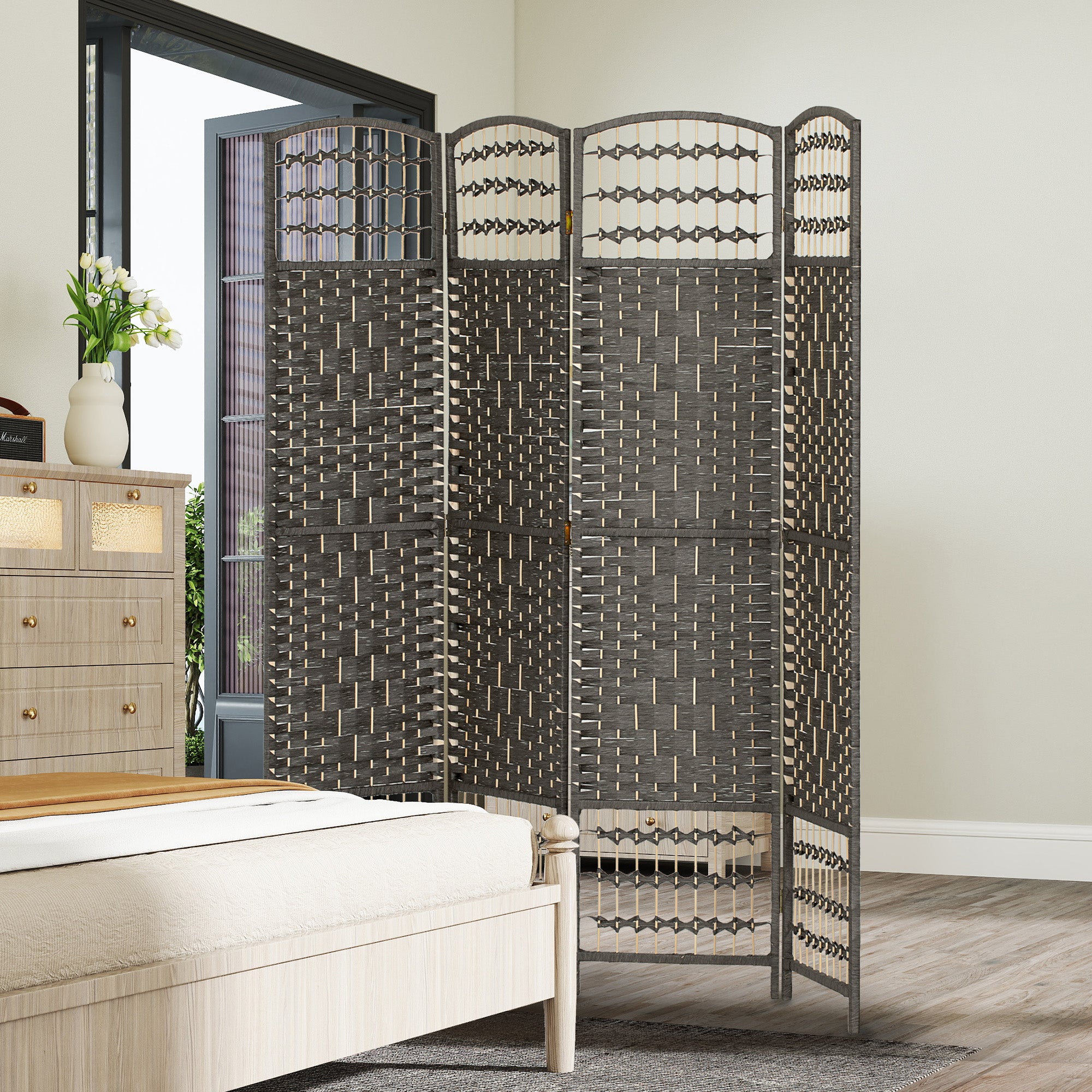 4 Panel Folding Room Divider, Privacy Screen, Freestanding Paravent Partition Separator for Living Room and Office, 160 x 170cm, Dark Grey