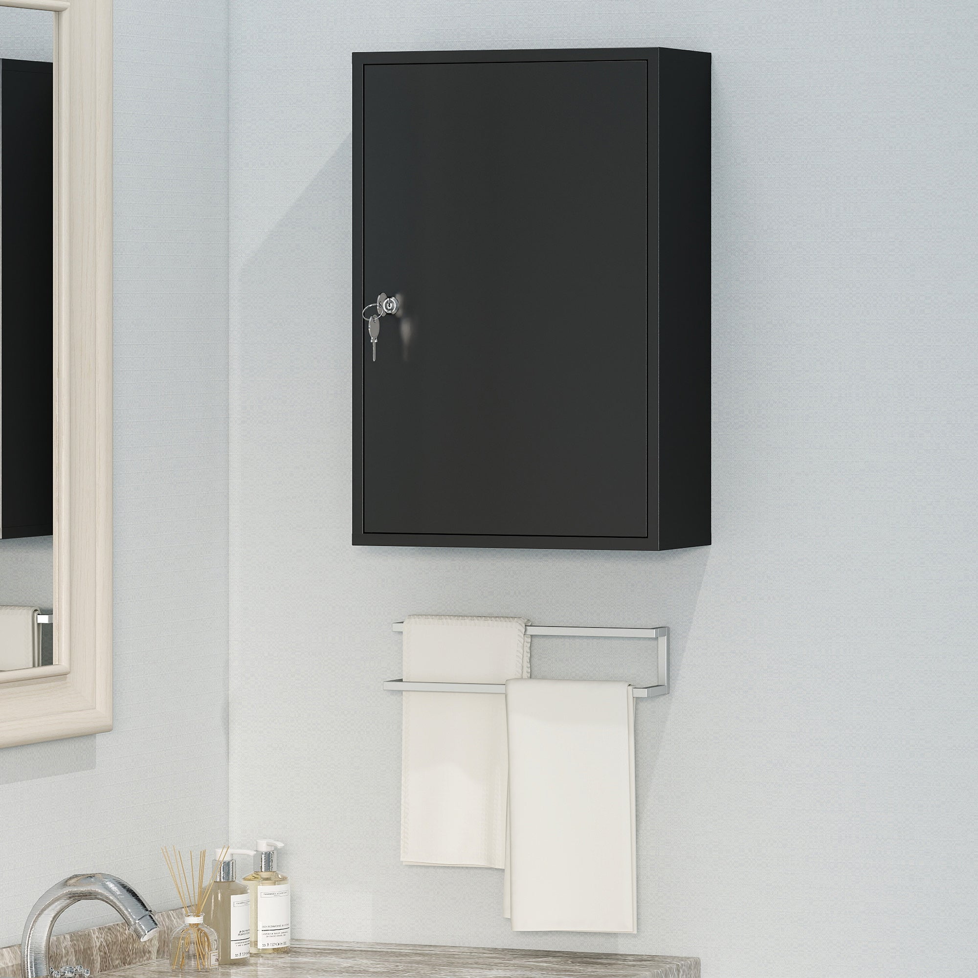 Steel Wall Mount Medicine Cabinet 3 Tier Emergency Box for Bathroom Kitchen, Lockable with 2 Keys, Black