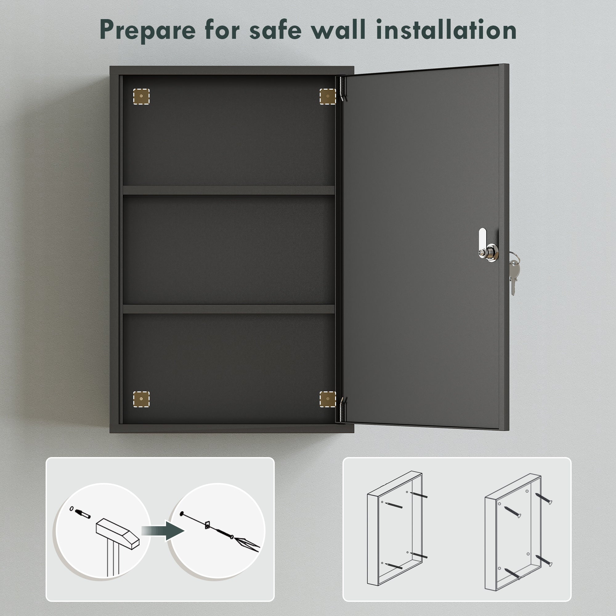 Steel Wall Mount Medicine Cabinet 3 Tier Emergency Box for Bathroom Kitchen, Lockable with 2 Keys, Black