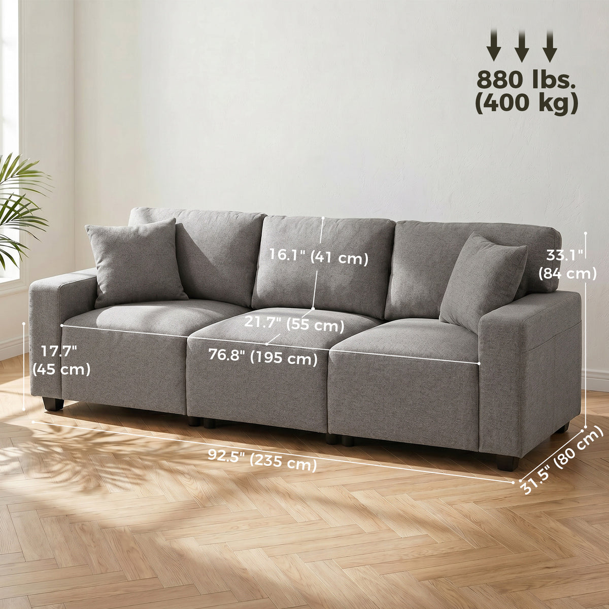 3 Seater Sofa, Linen-Look Fabric Upholstered Small Couch, Modern Sofa Settee with Storage Pockets, Pocket Springs and 2 Pillows for Living Room, Grey