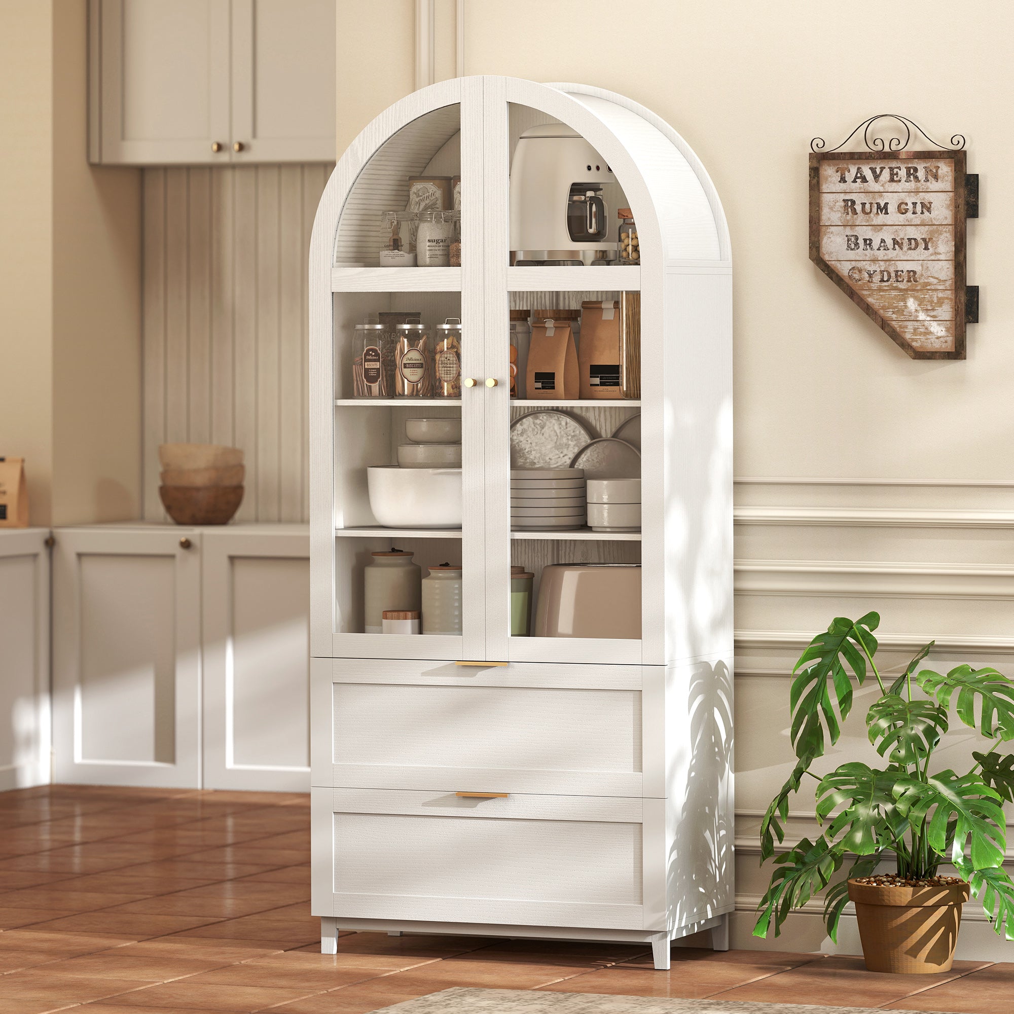 71" Tall Arched Kitchen Pantry Cabinet, Farmhouse Freestanding Kitchen Storage Cabinet with Adjustable Shelves, 2 Drawers, Acrylic Doors for Living Room, Dining Room, White