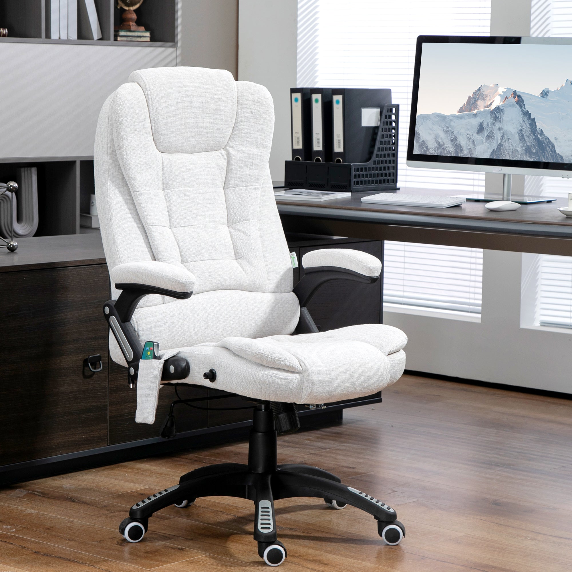 Vinsetto Office Chair, Ergonomic Desk Chair with 6-Point Massage and Back Heated, Linen-Feel Fabric Computer Gaming Chair with Arms, Lumbar Support, Cream White
