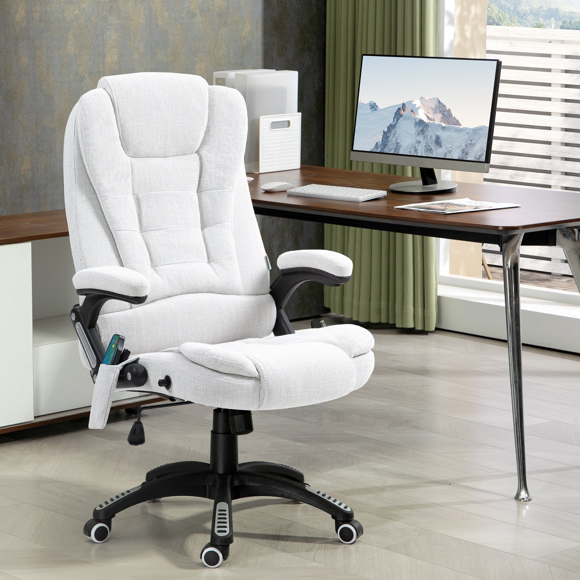 Vinsetto Office Chair, Ergonomic Desk Chair with 6-Point Massage and Back Heated, Linen-Feel Fabric Computer Gaming Chair with Arms, Lumbar Support, Cream White