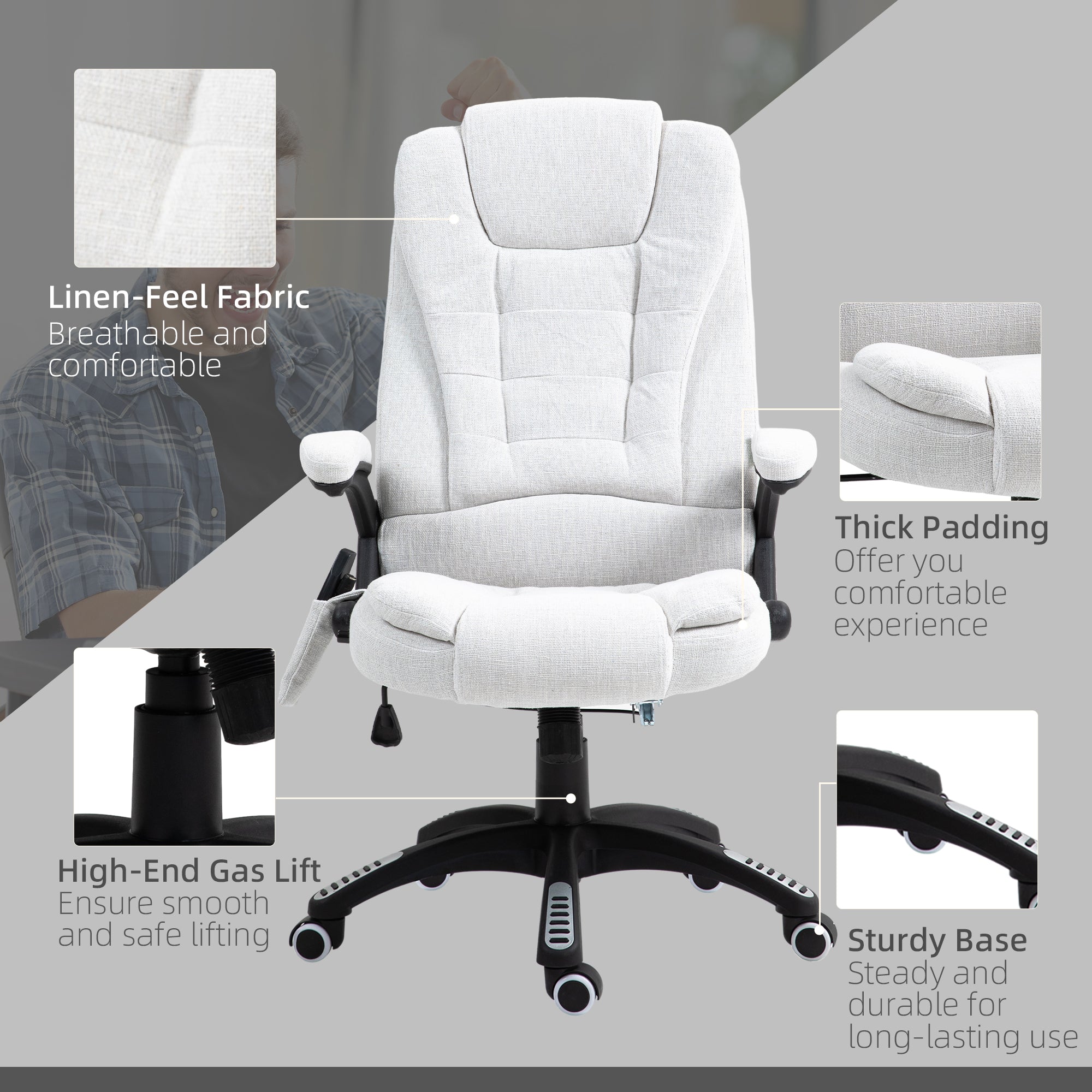 Vinsetto Office Chair, Ergonomic Desk Chair with 6-Point Massage and Back Heated, Linen-Feel Fabric Computer Gaming Chair with Arms, Lumbar Support, Cream White