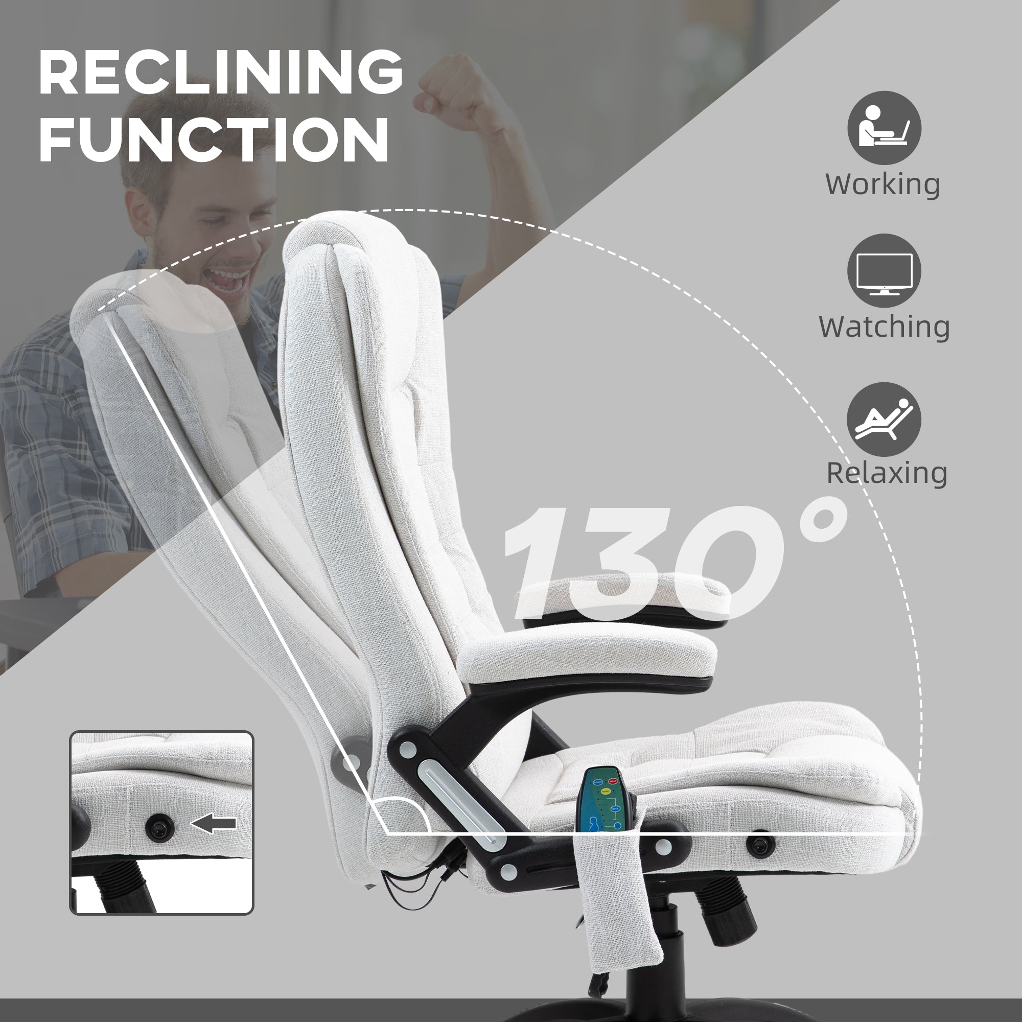 Vinsetto Office Chair, Ergonomic Desk Chair with 6-Point Massage and Back Heated, Linen-Feel Fabric Computer Gaming Chair with Arms, Lumbar Support, Cream White