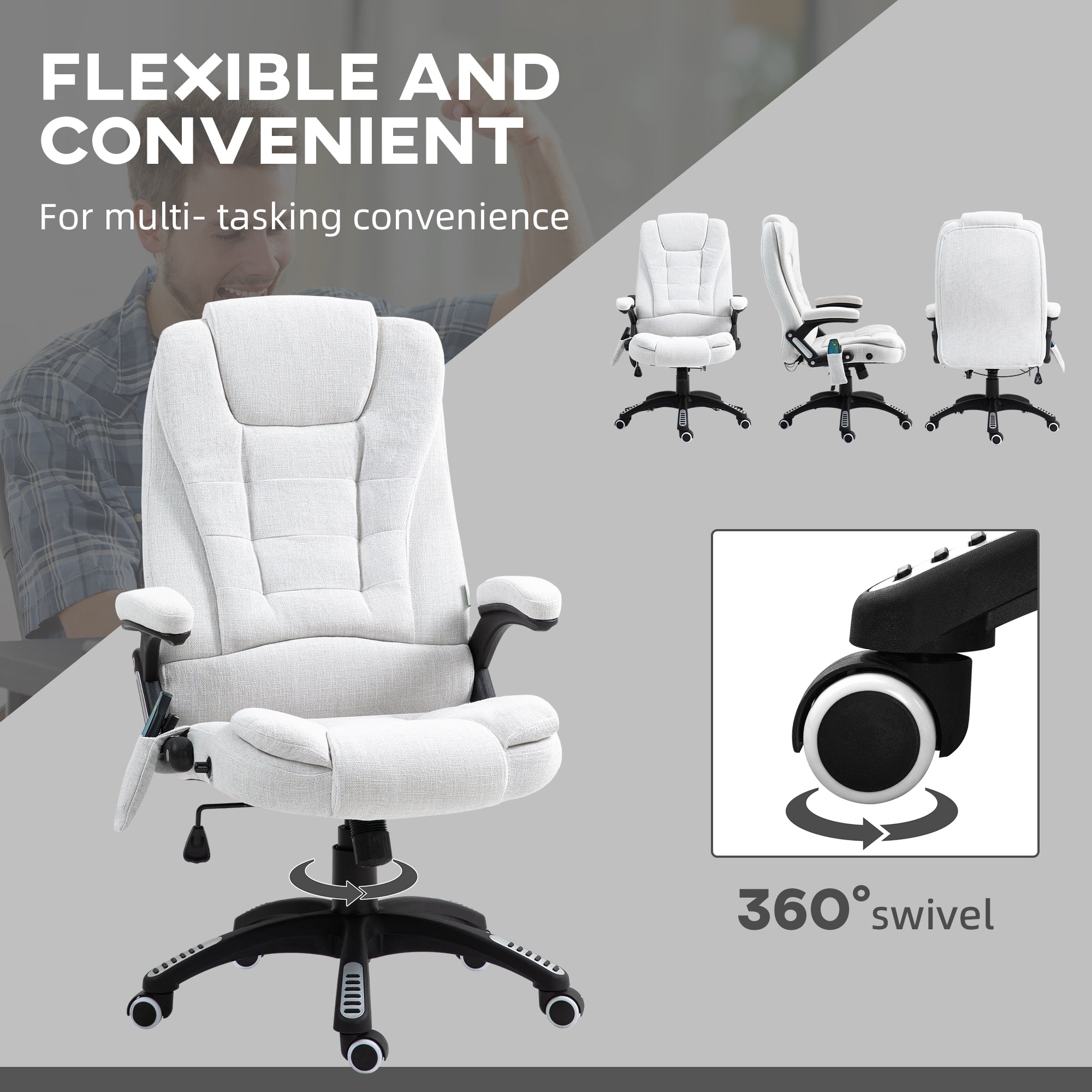 Vinsetto Office Chair, Ergonomic Desk Chair with 6-Point Massage and Back Heated, Linen-Feel Fabric Computer Gaming Chair with Arms, Lumbar Support, Cream White