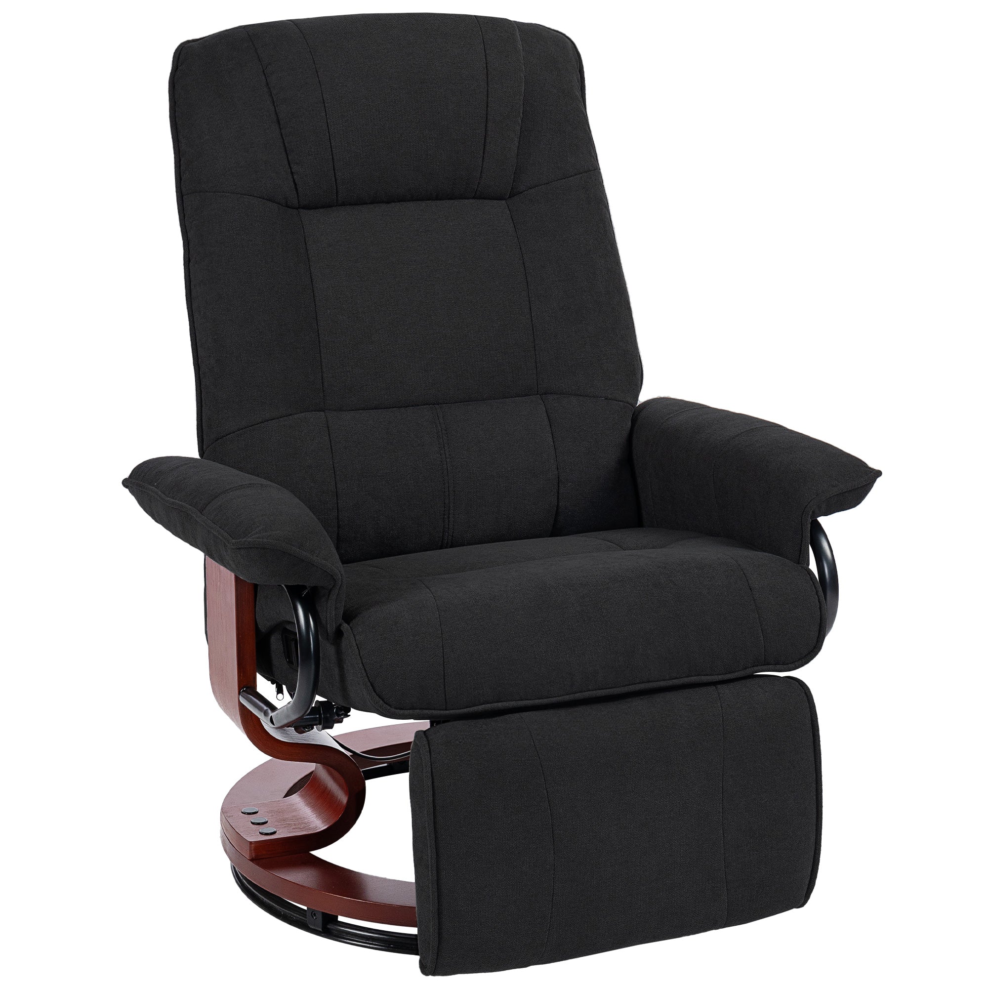 360° Swivel Recliner Chair with Footstool, Manual Recliner Armchair with Wooden Base, Linen-Like Upholstered Reclining Chair for Living Room, Bedroom, Office, Black