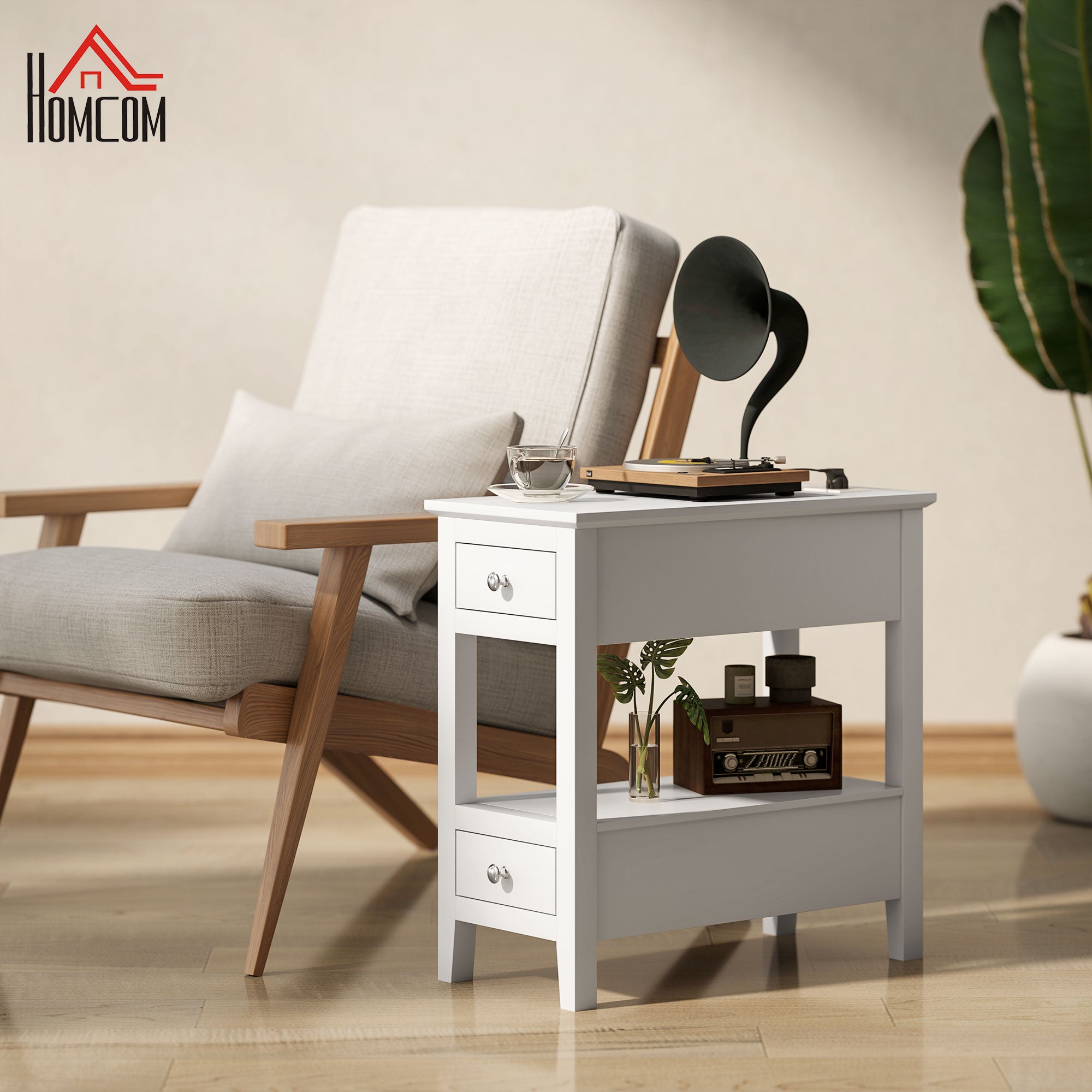 HOMCOM End Table with Charging Station and USB Ports, Modern Narrow Side Table with Storage Shelf, 2 Drawers for Living Room, White