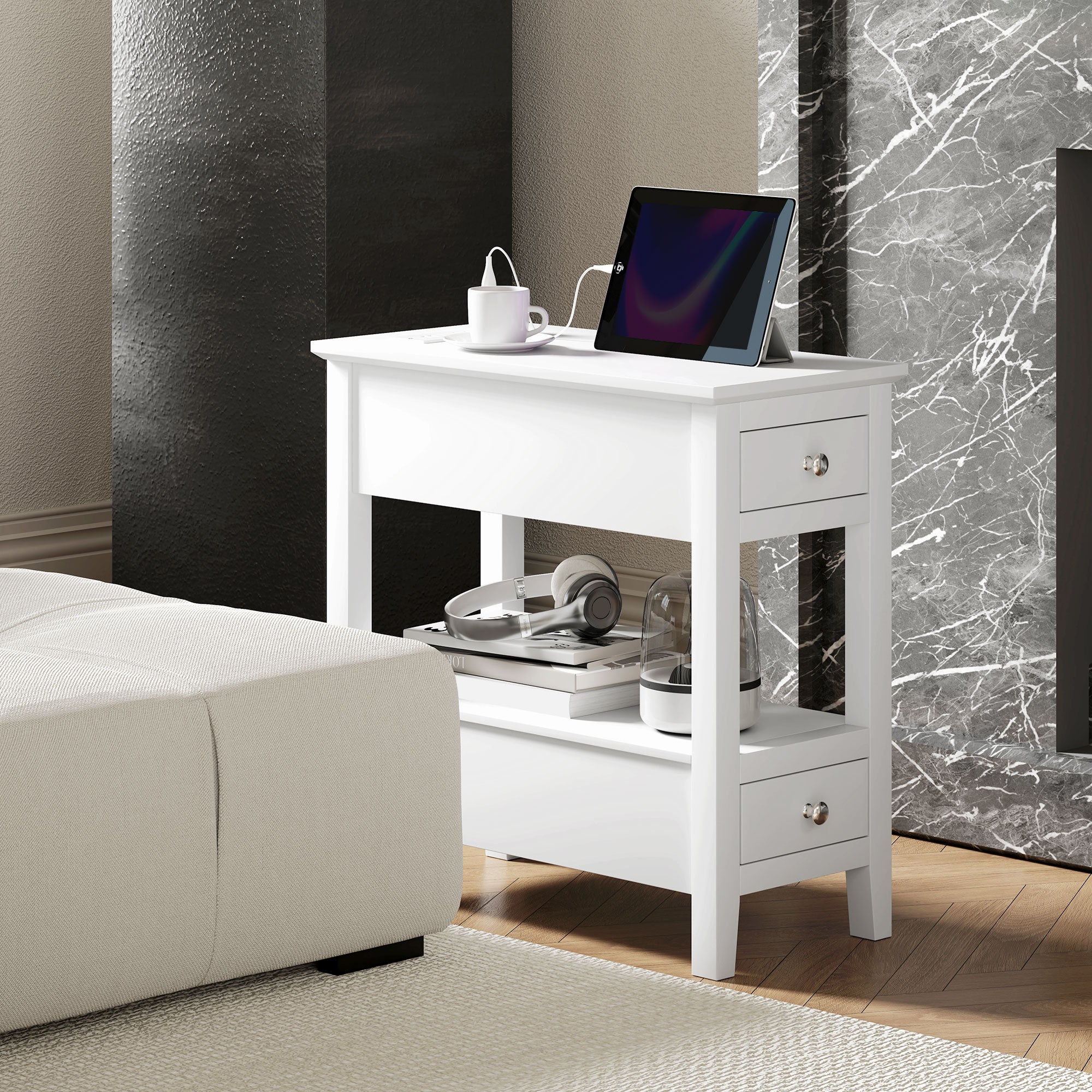 HOMCOM End Table with Charging Station and USB Ports, Modern Narrow Side Table with Storage Shelf, 2 Drawers for Living Room, White