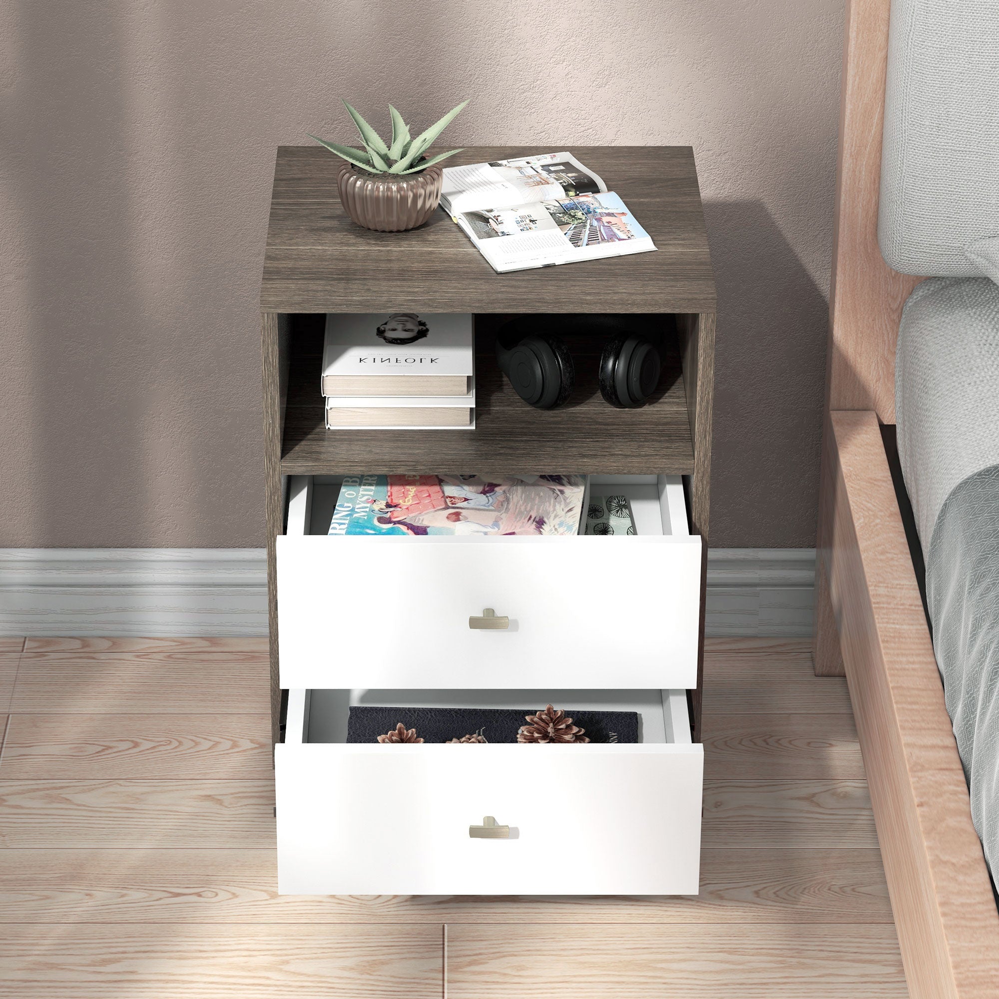 HOMCOM Nightstand Set of 2, Bedside Table with 3 Drawers and Open Storage, Modern End Table, Grey