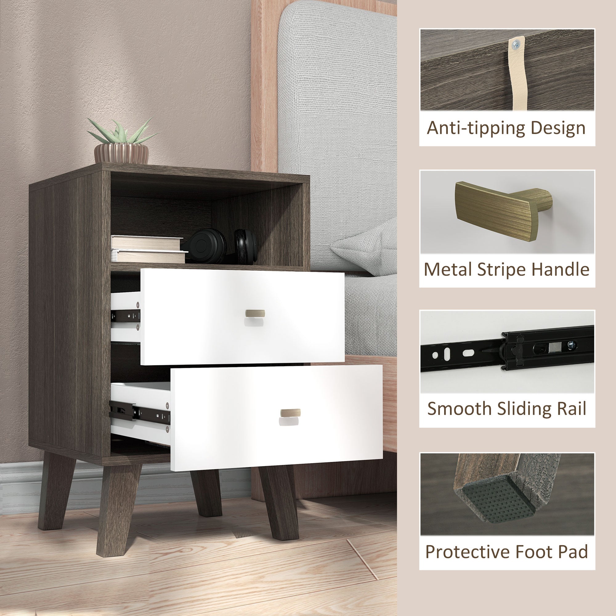 HOMCOM Nightstand Set of 2, Bedside Table with 3 Drawers and Open Storage, Modern End Table, Grey