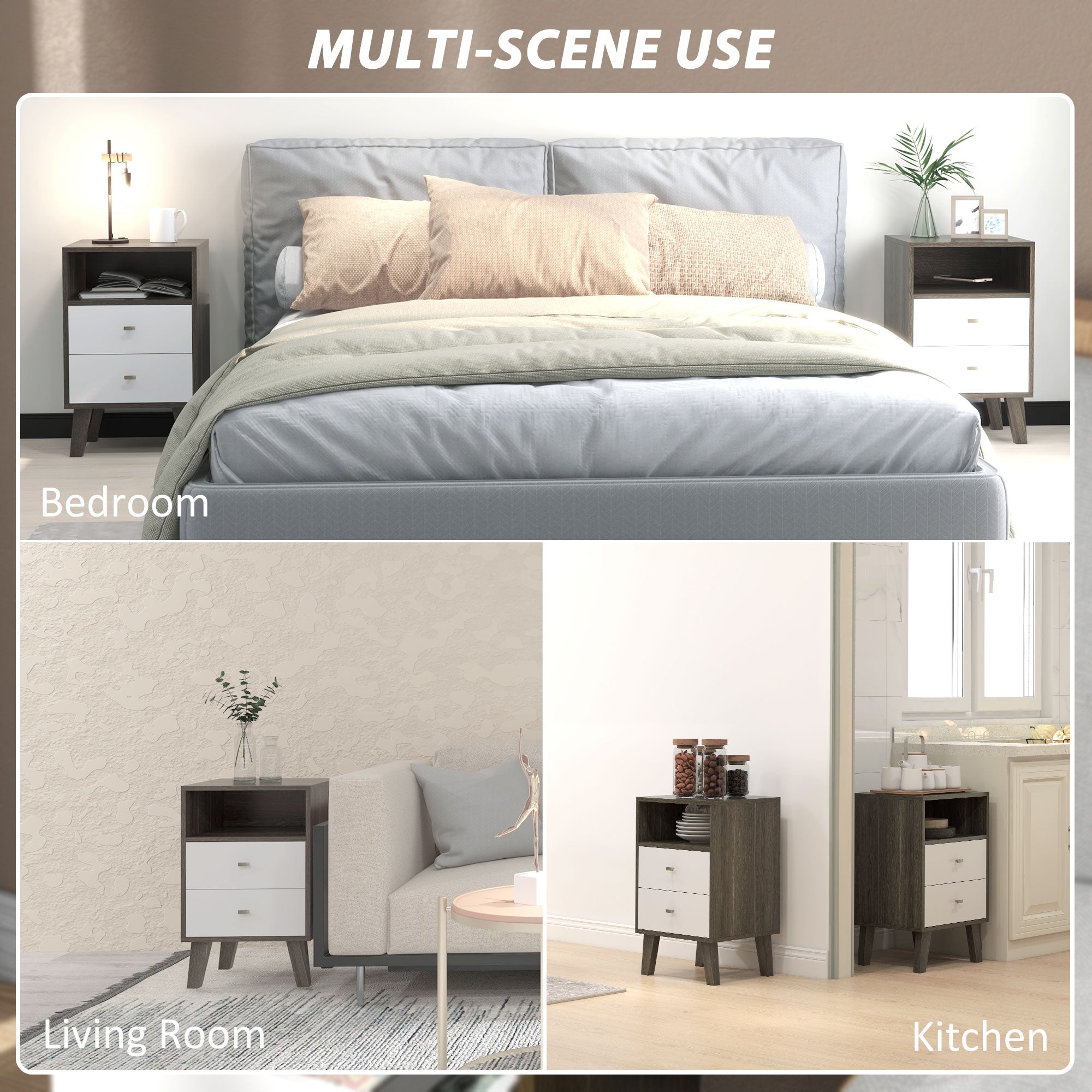 HOMCOM Nightstand Set of 2, Bedside Table with 3 Drawers and Open Storage, Modern End Table, Grey