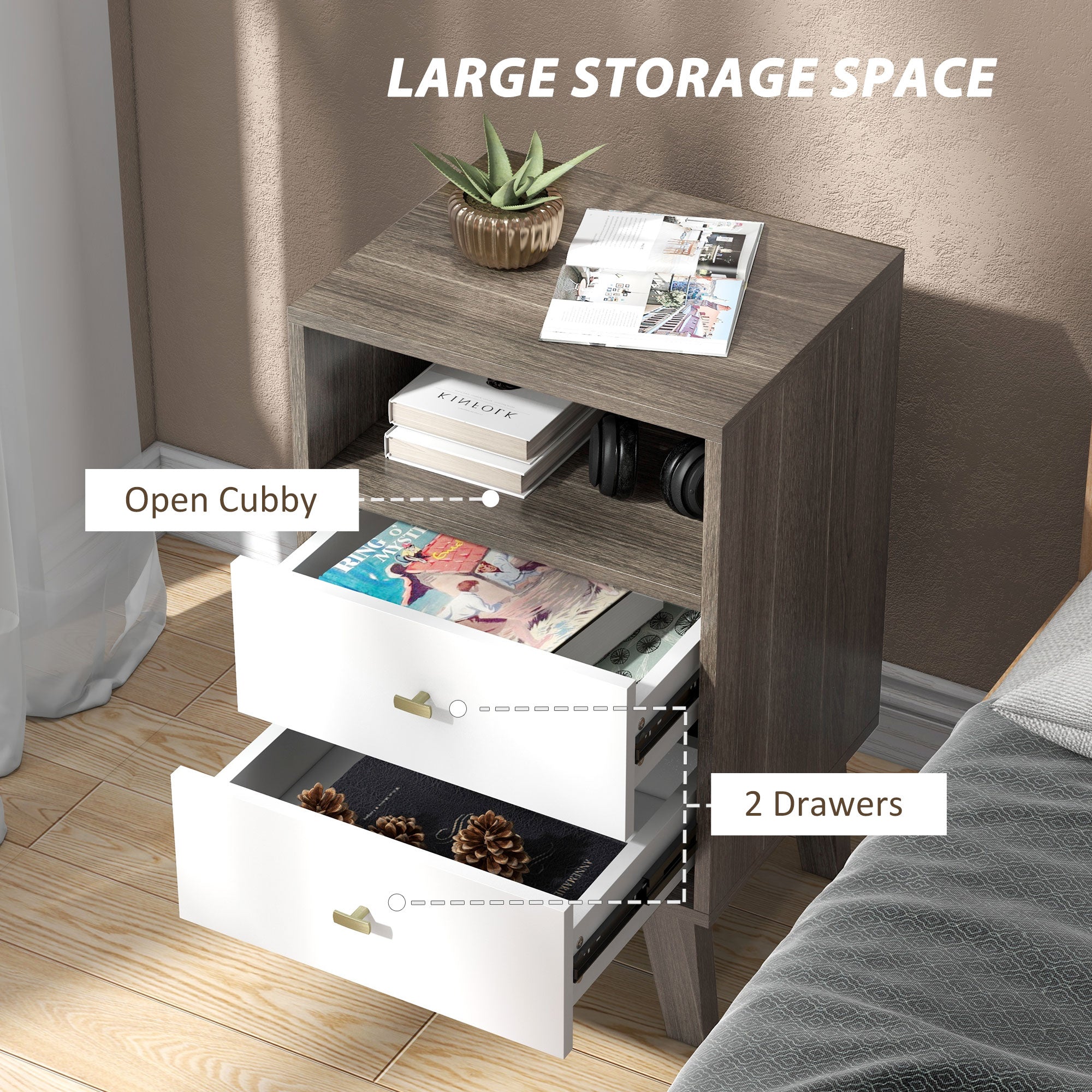 HOMCOM Nightstand Set of 2, Bedside Table with 3 Drawers and Open Storage, Modern End Table, Grey