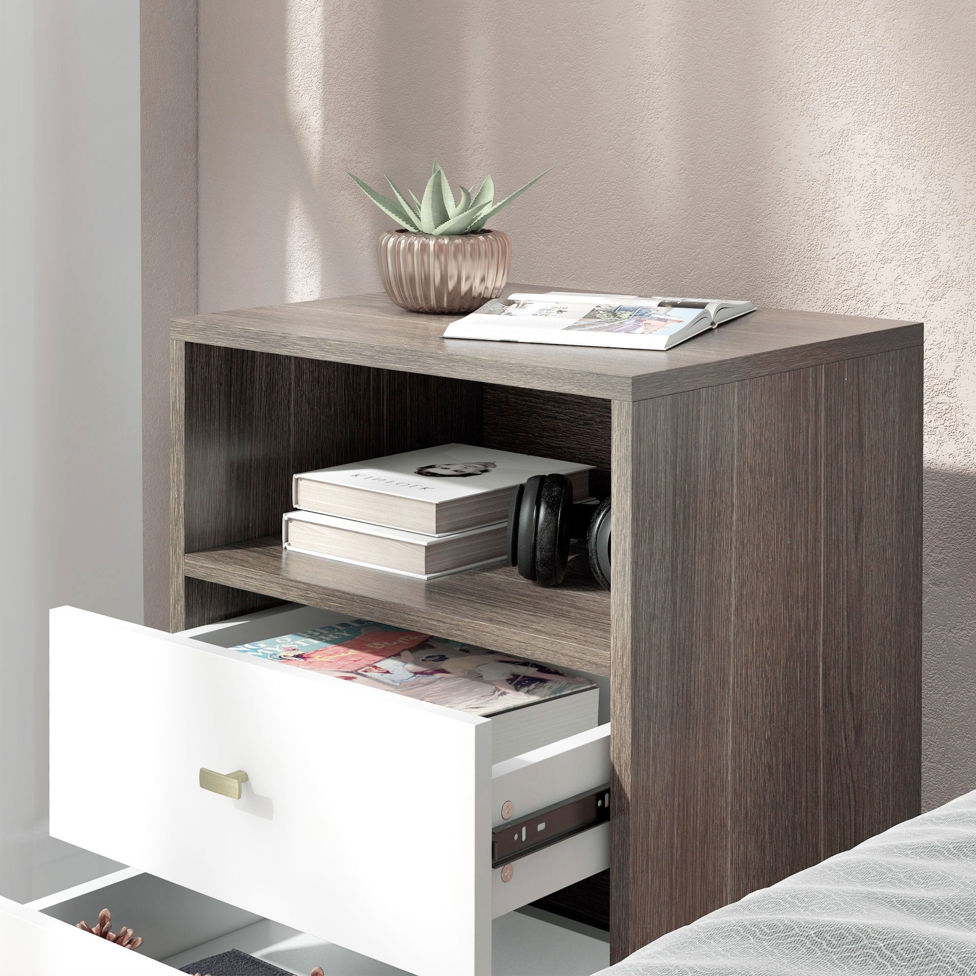 HOMCOM Nightstand Set of 2, Bedside Table with 3 Drawers and Open Storage, Modern End Table, Grey