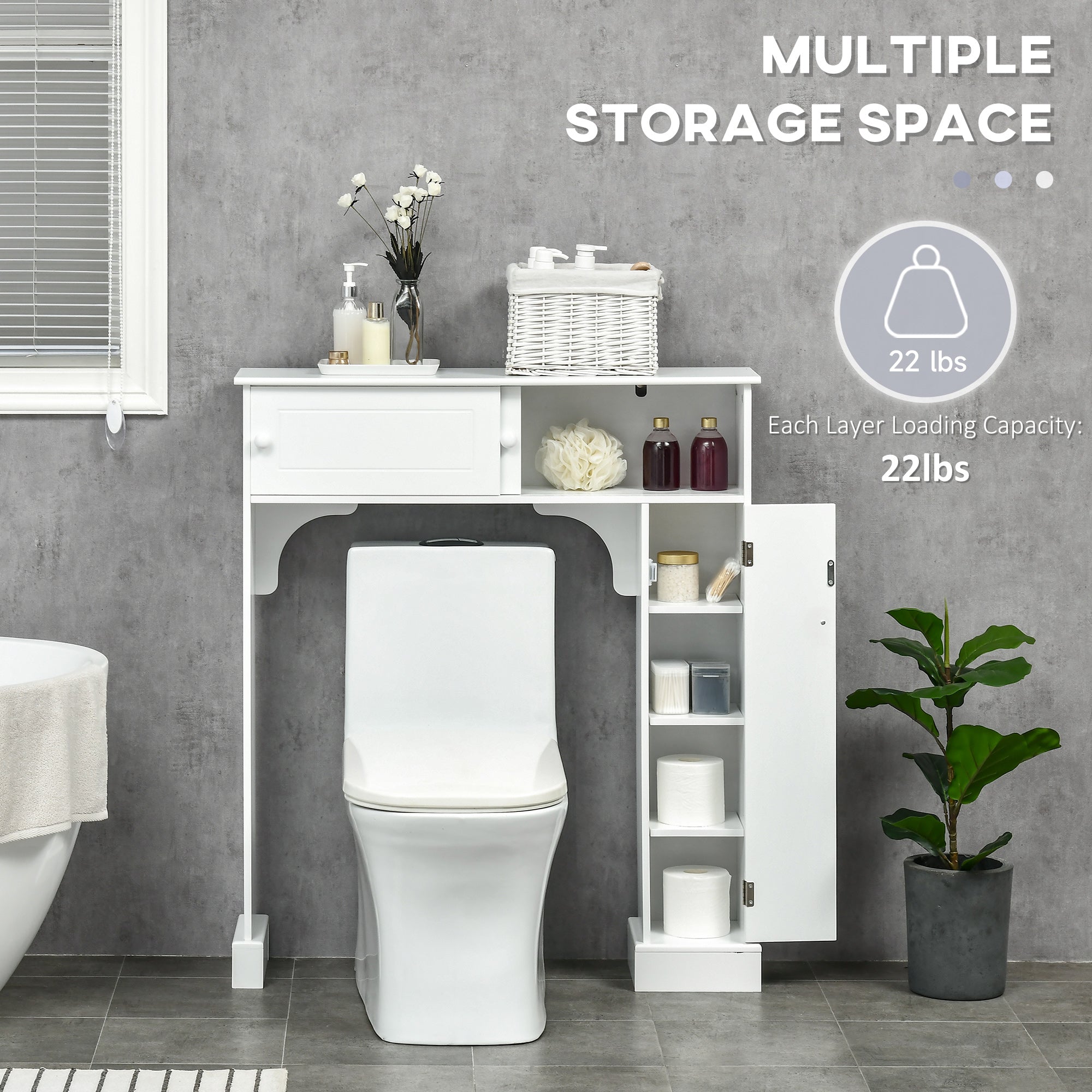 Over Toilet Bathroom Organizer, Freestanding Storage Cabinet with Adjustable Shelves, White