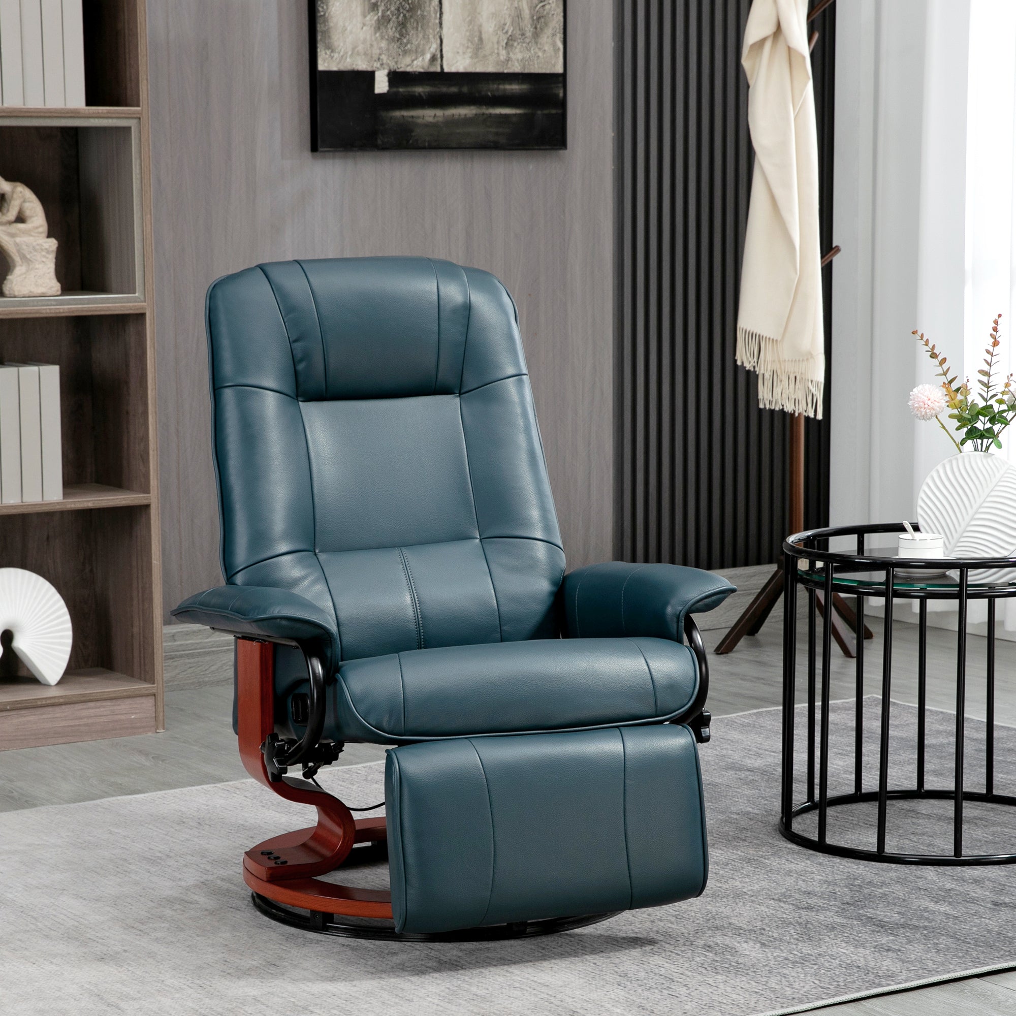 Faux Leather Recliner Chair, Swivel Recliner w/ Footrest, Armrest & Wood Base, Blue - HOMCOM